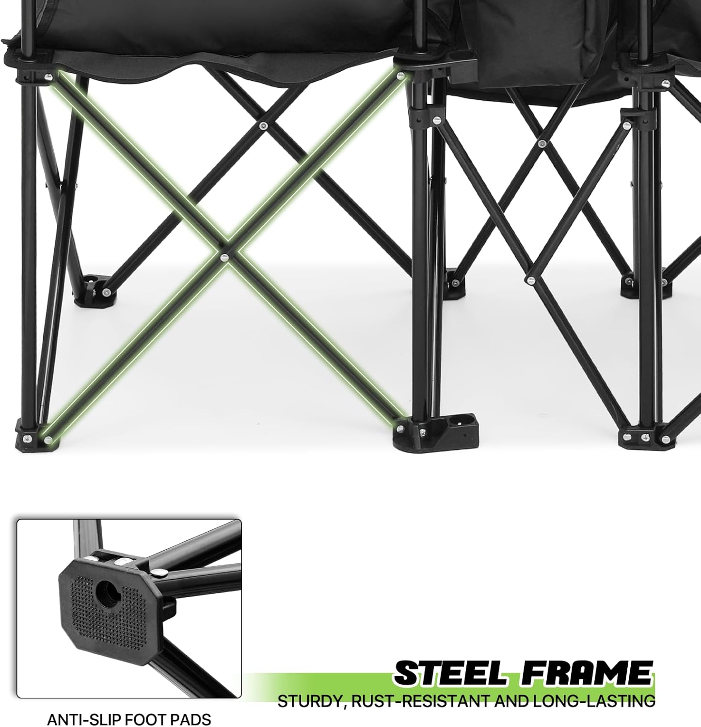 Magshion Silla de campamento doble con paraguas y enfriador para adultos, silla plegable de alta resistencia, color negro