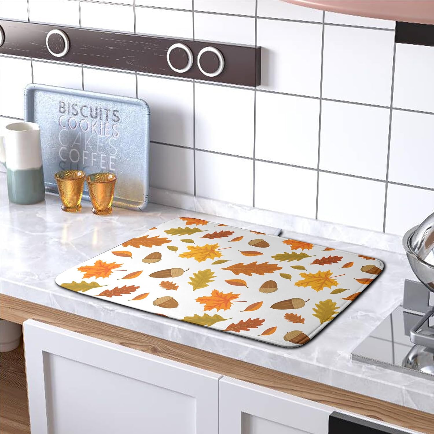 Kwlegh Tapete de secado de platos de hojas de otoño para encimera de cocina, tapete de secado de platos naranja de Acción de Gracias, tapete