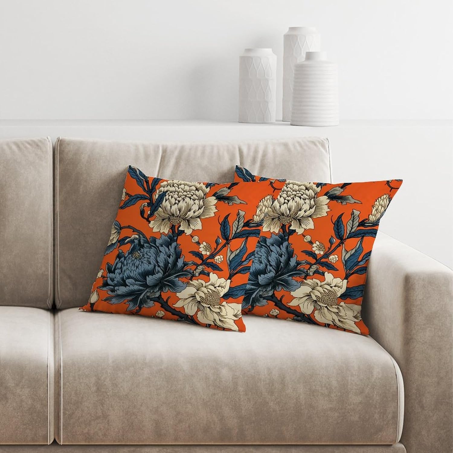 Chinoiserie – Juego de 2 fundas de almohada de flores de caqui, color azul marino, naranja, crema, floral, fundas de cojín inspiradas en Asia de 16