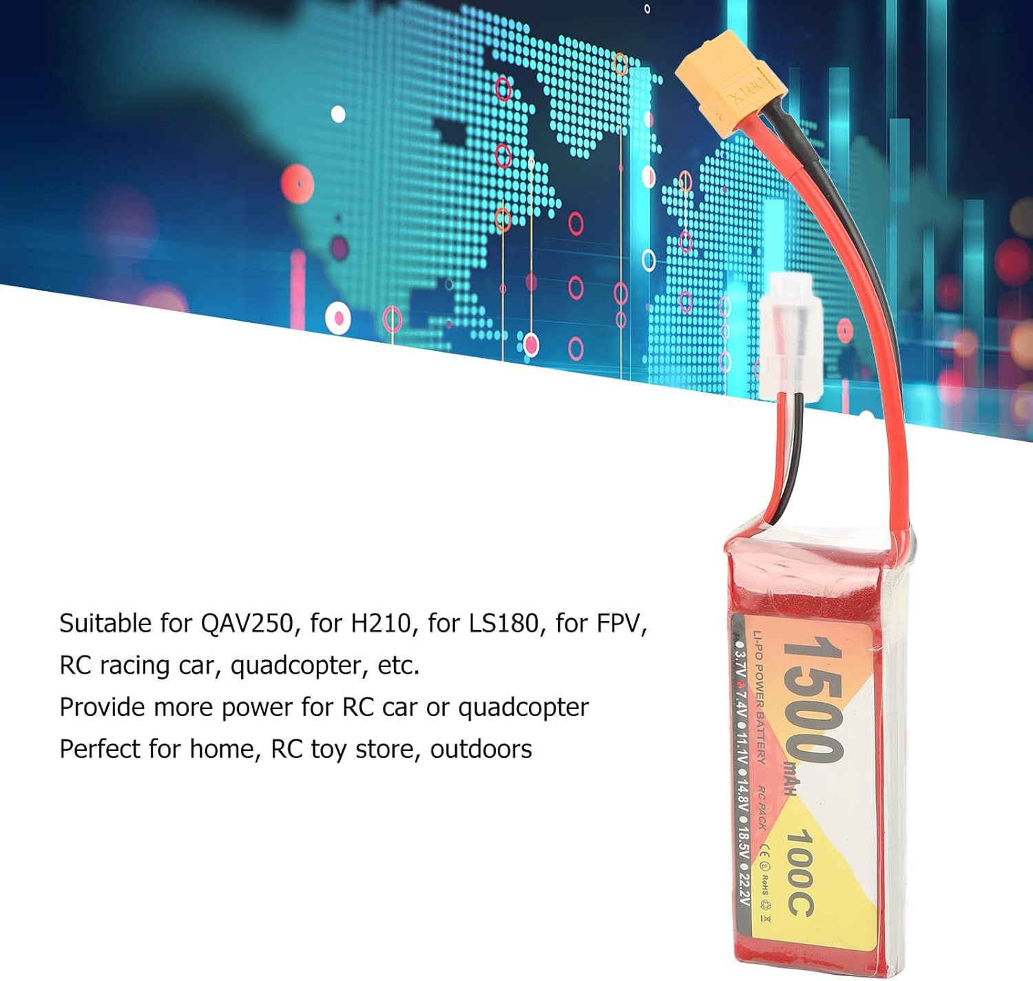 Batería LiPo de 11.1V 1500mAh 100C 3S con enchufe XT60, control remoto por aplicación controlada QAV250 Quadcopter baterías de vehículos