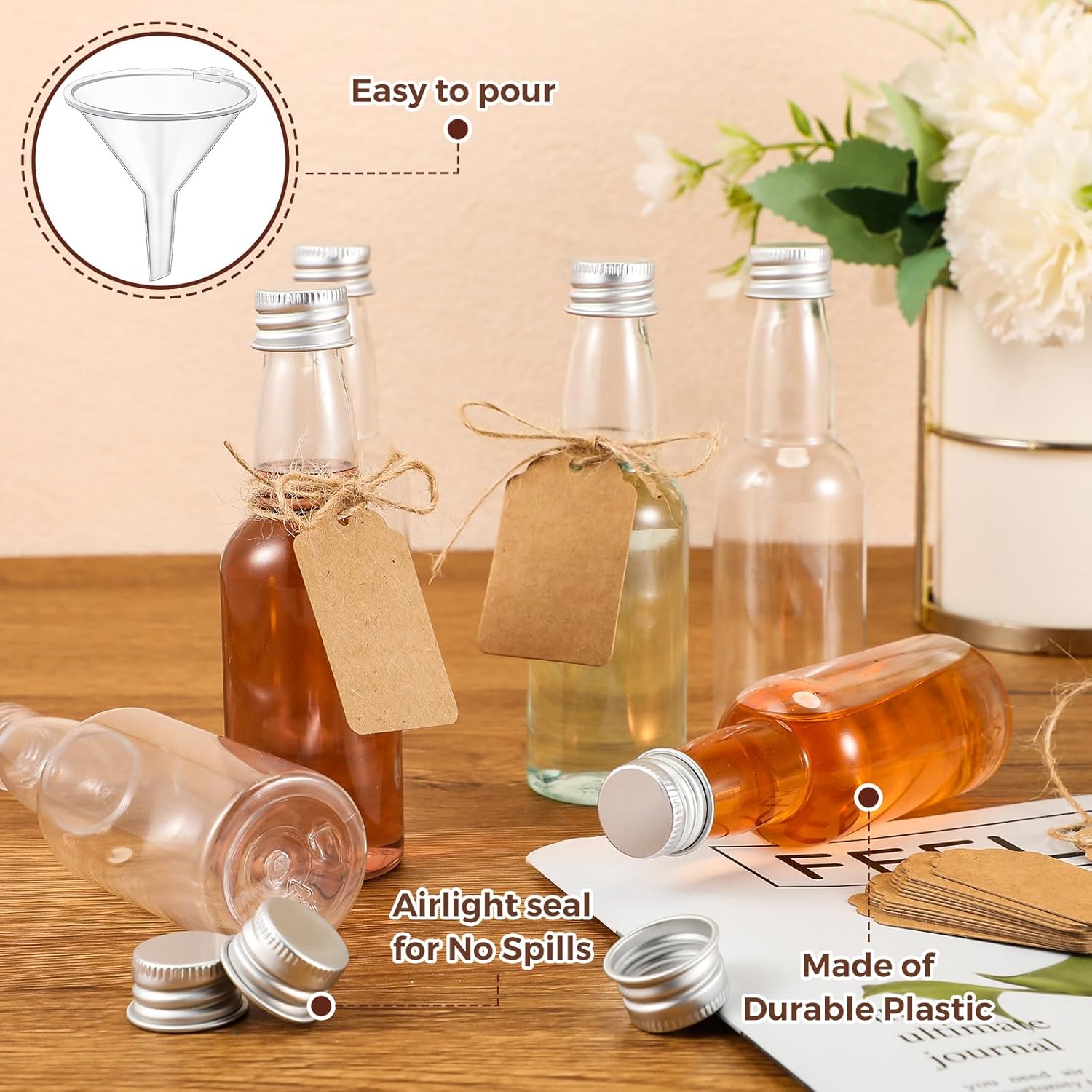 Mifoci 150 mini botellas de licor para fiestas, botellas de alcohol de plástico de 1.7 onzas con tapa, botellas de alcohol con tapa, botellas de