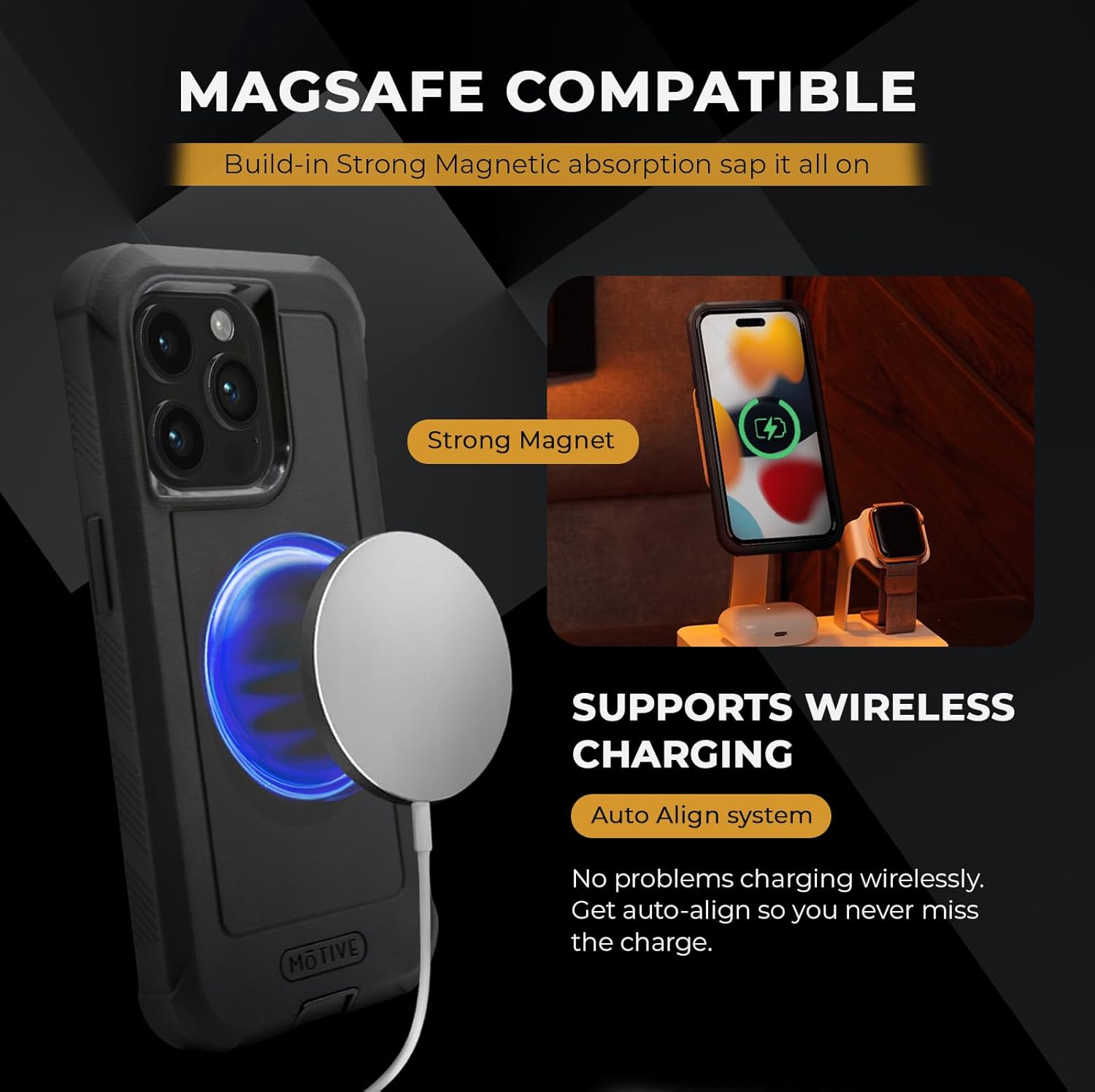 MOTIVE Funda para iPhone 15 Promax con clip para cinturón, funda magnética compatible con Magsafe, resistente, grado militar de cuatro capas, a