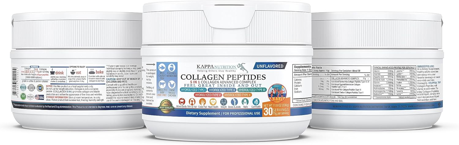 KAPPA NUTRITION Complejo de colágeno – Tipo I, II, III, V, X, alimentado con pasto, sin OMG, 30 porciones