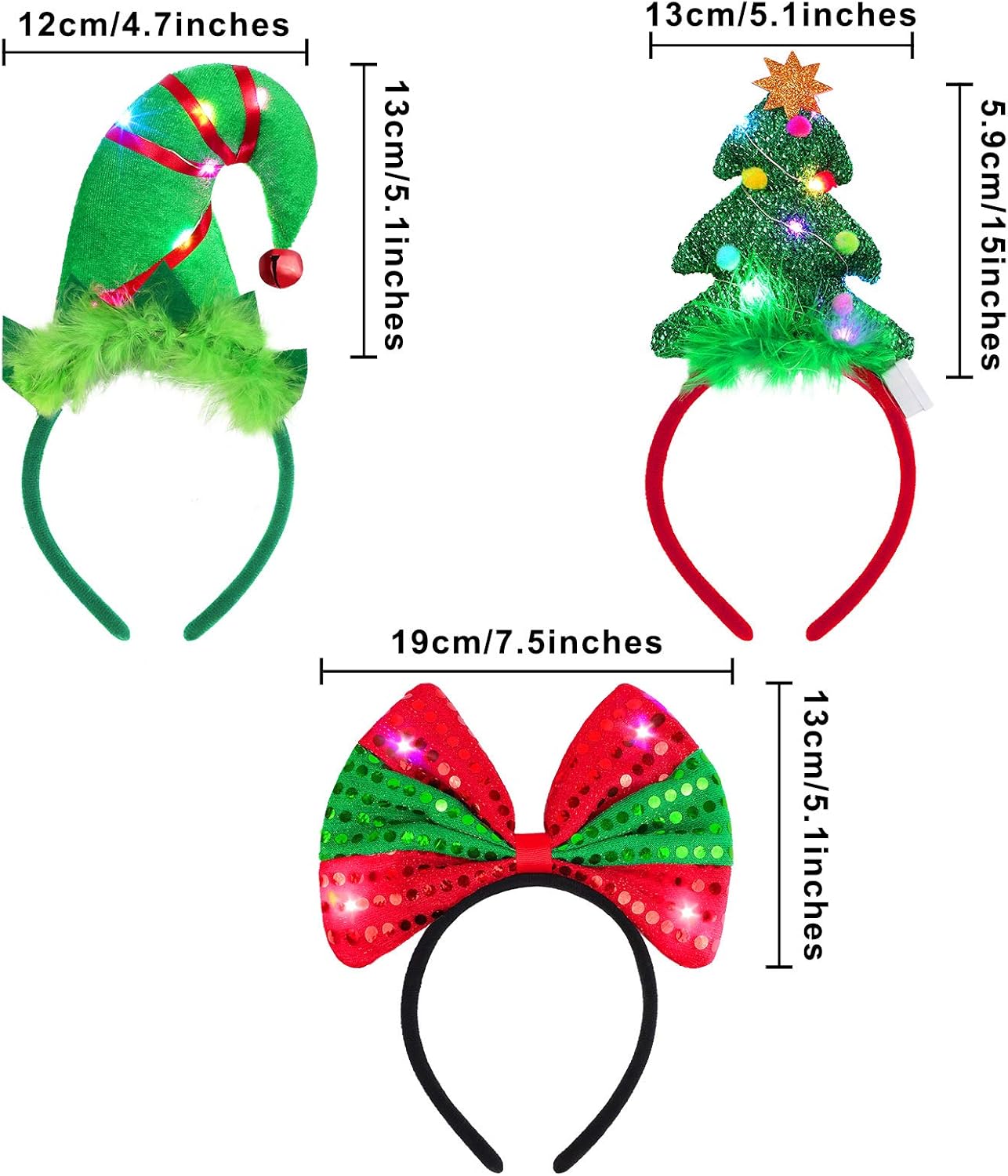 ELCOHO Paquete de 6 diademas LED de Navidad con luz para disfraz de reno, lazo de Navidad, disfraz de elfo, bandas para el pelo para fiestas de