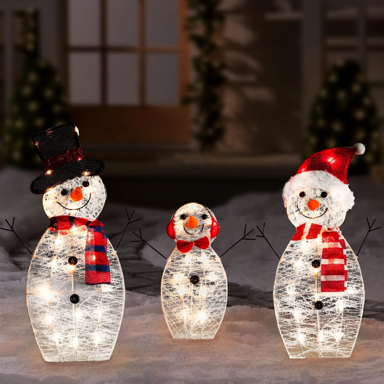 SUNNYPARK Juego de 3 decoraciones navideñas de muñeco de nieve para exteriores, 31 pulgadas, 60 luces preiluminadas para exteriores, decoraciones de