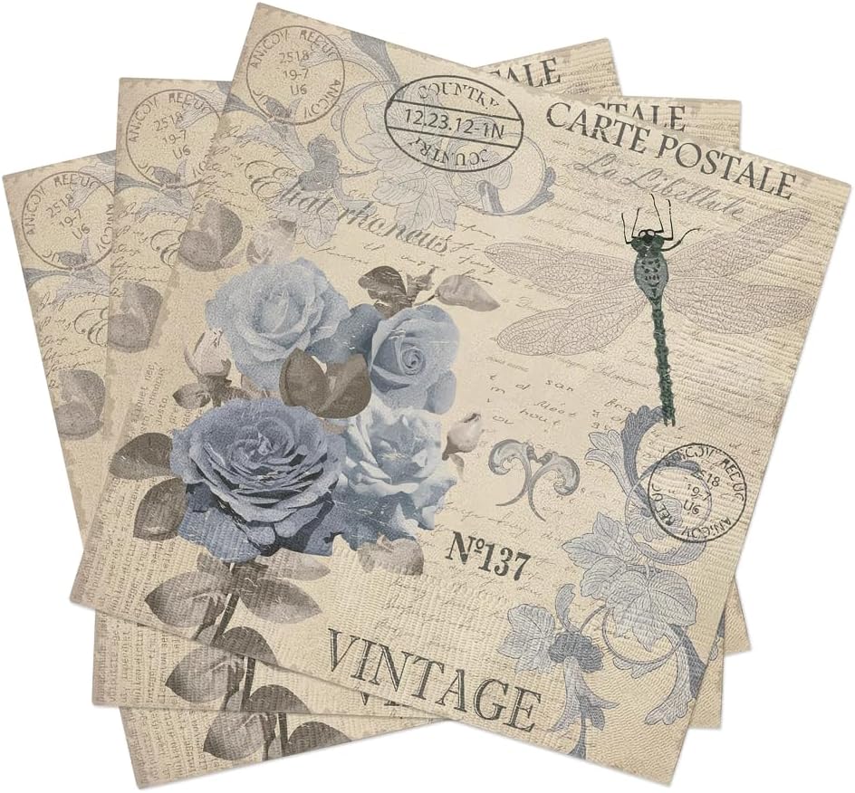Servilletas de papel de rosas, 40 unidades, diseño de rosas postales, para decoupage, rosas azules vintage en papel de seda de flor de lis,