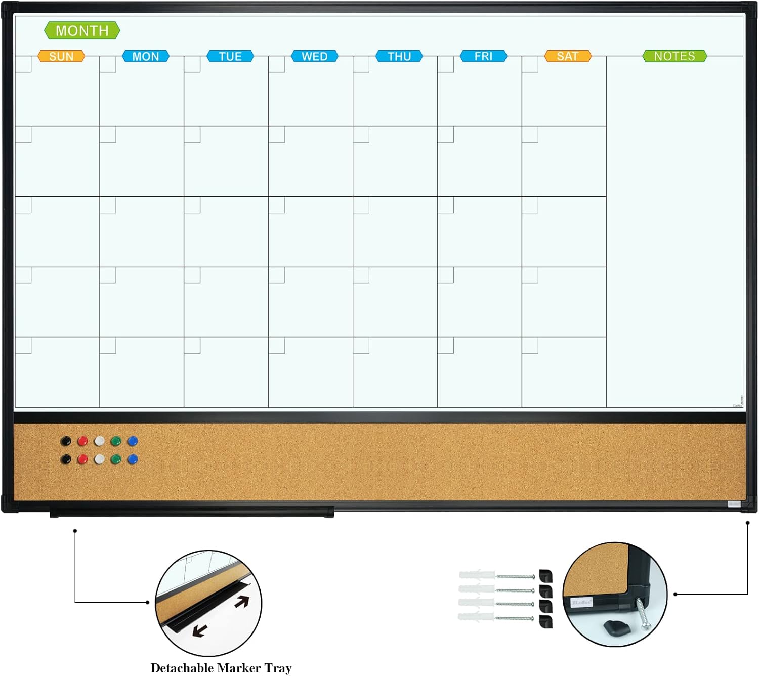 JILoffice Calendario magnético con combinación de pizarra blanca y tablero de corchos de anuncios, tablero combinado de 36 x 24 pulgadas, paquete de