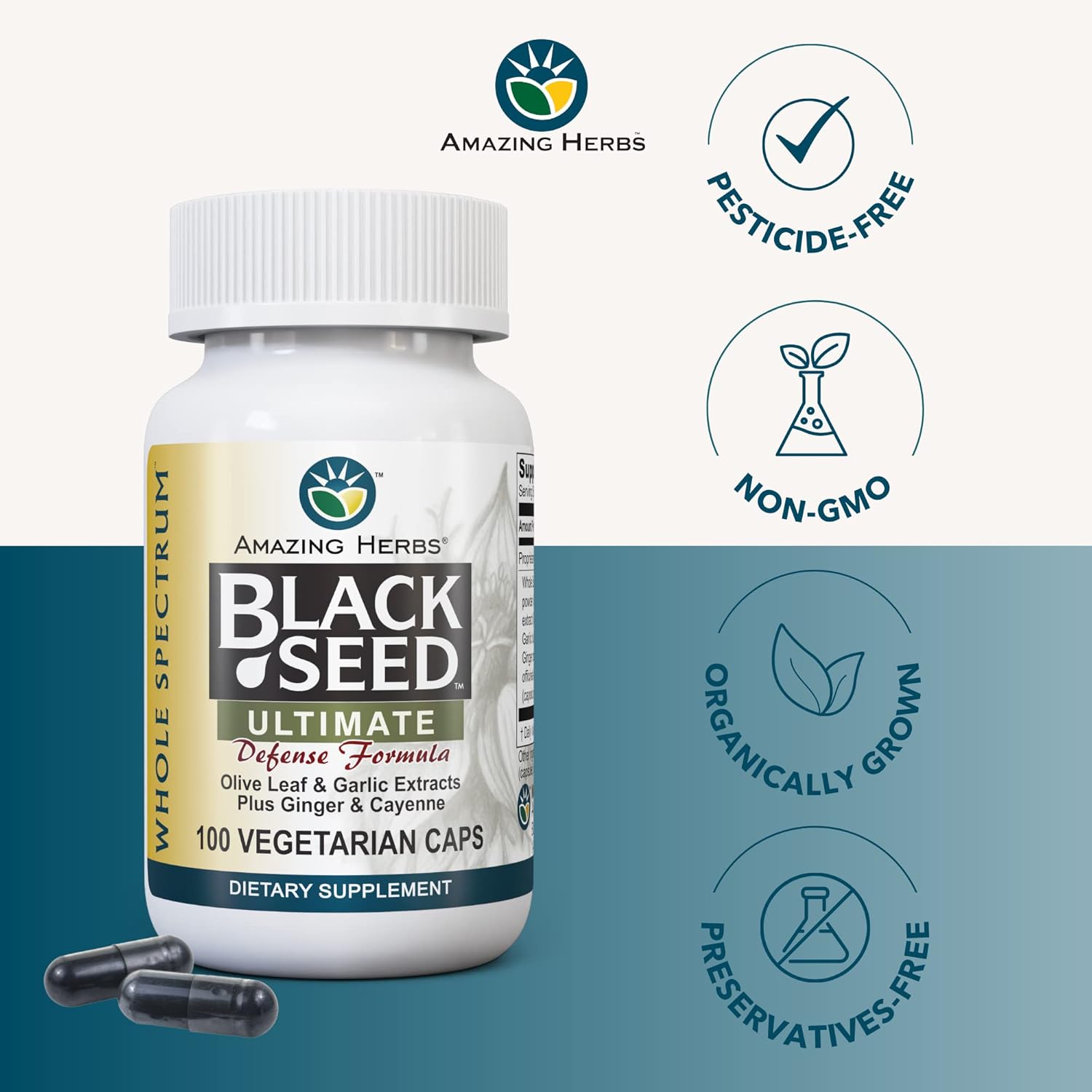 Amazing Herbs Whole Spectrum Black Seed Ultimate, Cápsulas vegetarianas  Extractos de hoja de olivo y ajo más jengibre y cayena, sin gluten, sin