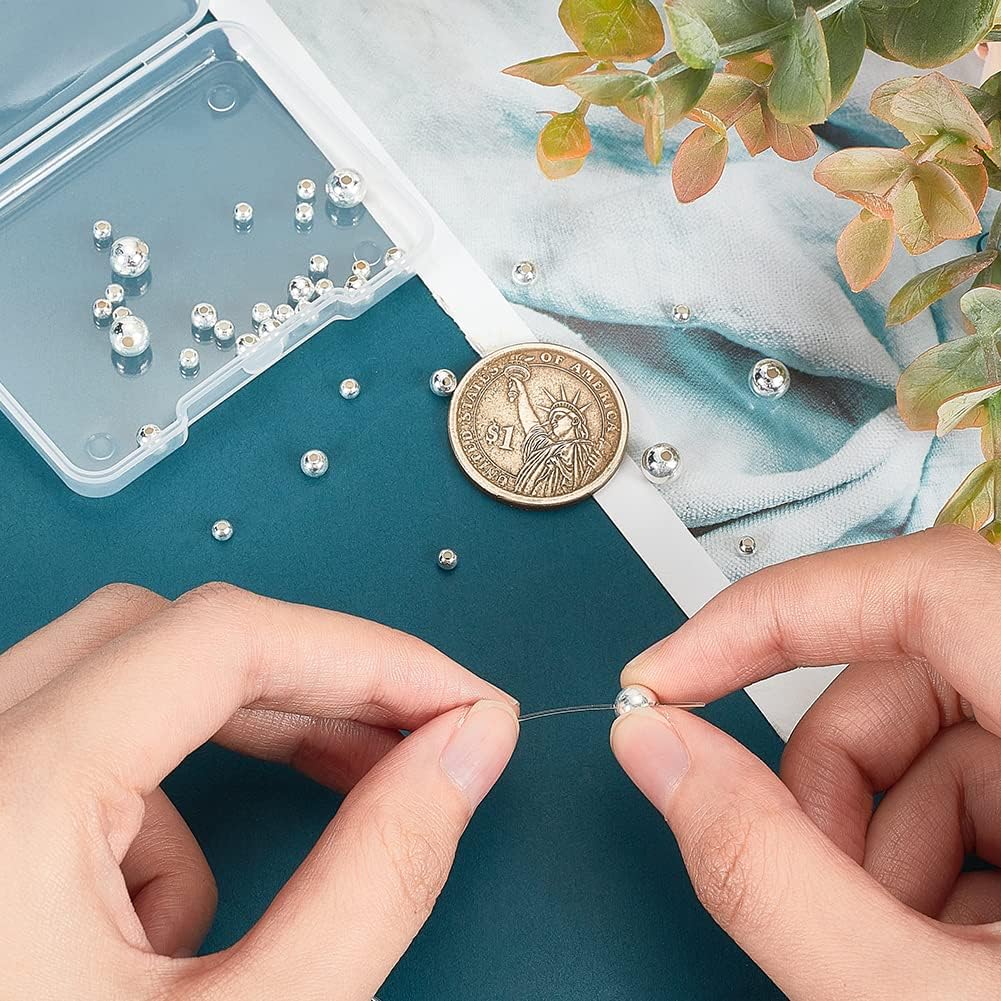 PH PandaHall Cuentas espaciadoras de plata de ley 925, 36 cuentas redondas lisas de 0.118 in, 0.157 in y 0.236 in, cuentas pequeñas de larga