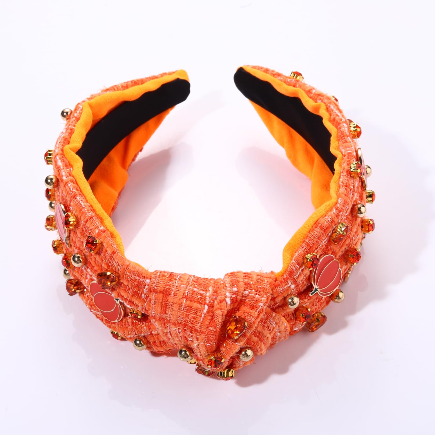 JERTOCLE Diadema de Acción de Gracias, diadema de otoño para mujer, diadema esmaltada de calabaza con cristales anudados, diadema de tweed con nudo