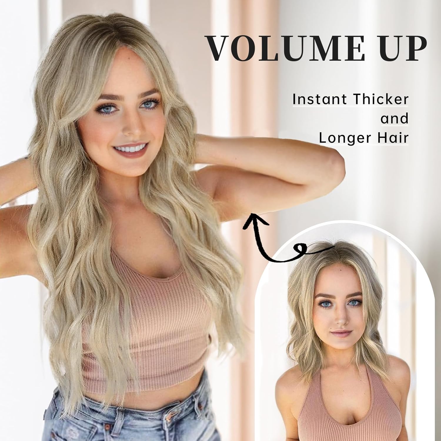 KooKaStyle Extensiones de cabello con alambre invisible con diadema transparente, tamaño ajustable, 4 clips de seguridad, largo, ondulado, alambre