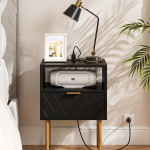 Mesita de noche con estación de carga, mesita de noche pequeña con dos cajones, mesita de noche negra, mesa auxiliar con marco dorado, muebles de Mesita de noche con estación de carga, mesita de noche pequeña con dos cajones, mesita de noche negra, mesa auxiliar con marco dorado, muebles de