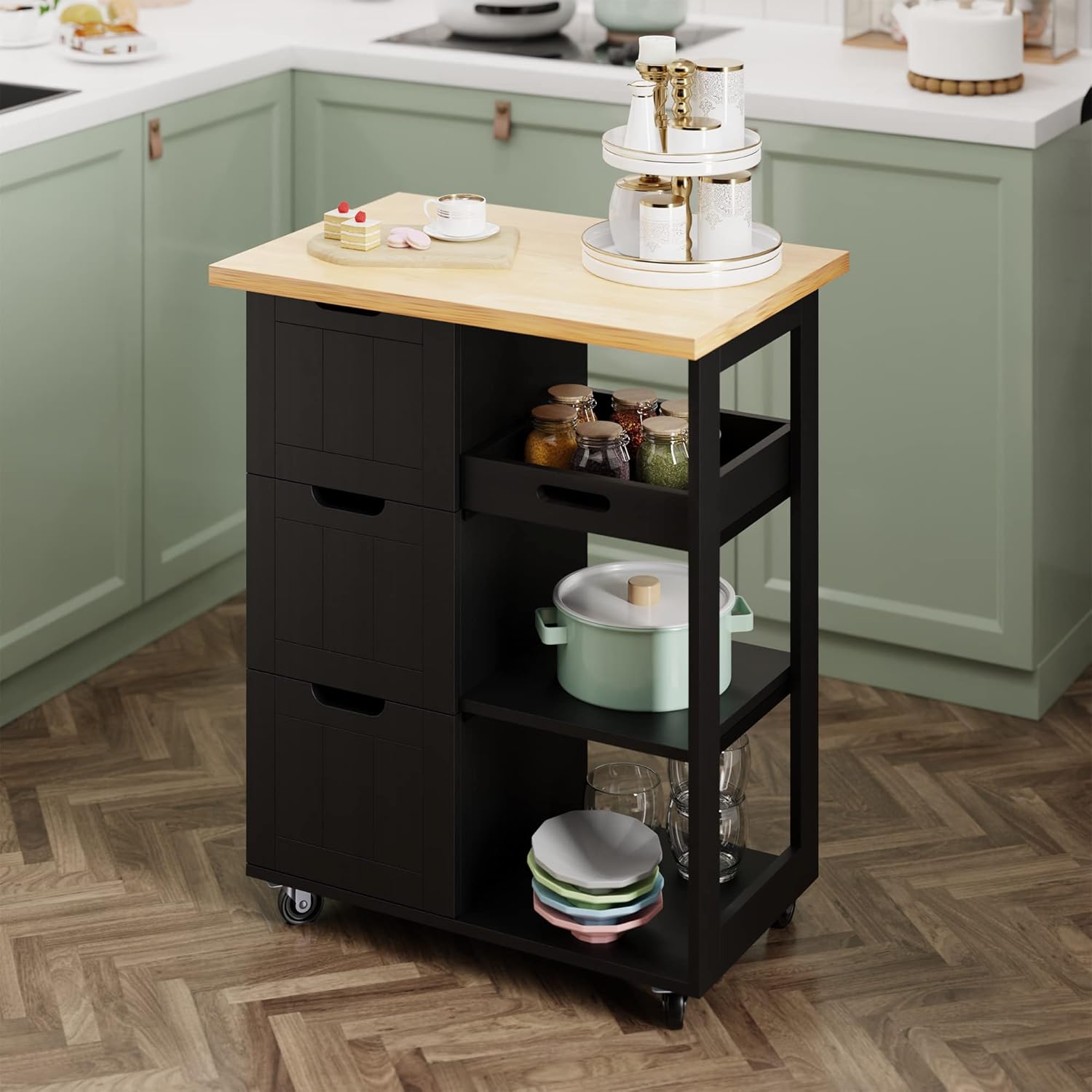 QAQA – Carrito de isla de cocina con almacenamiento, carrito de cocina con 3 cajones y estantes abiertos, armario de cocina con ruedas para comedor,