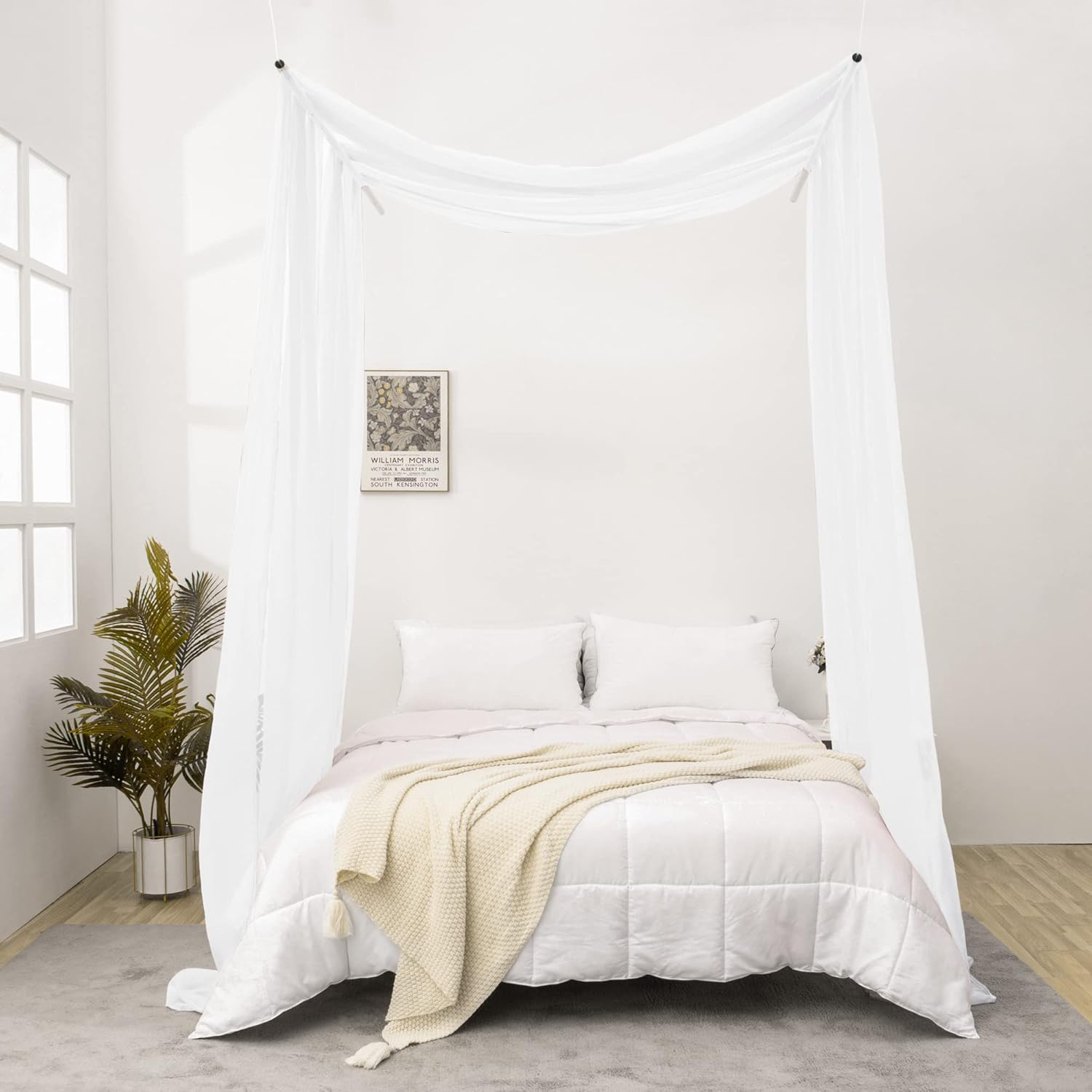 Bufanda blanca transparente para cama, cortinas de tul de 144 pulgadas de largo, cortinas de cama Tessie con cenefa, cortinas de dosel individual