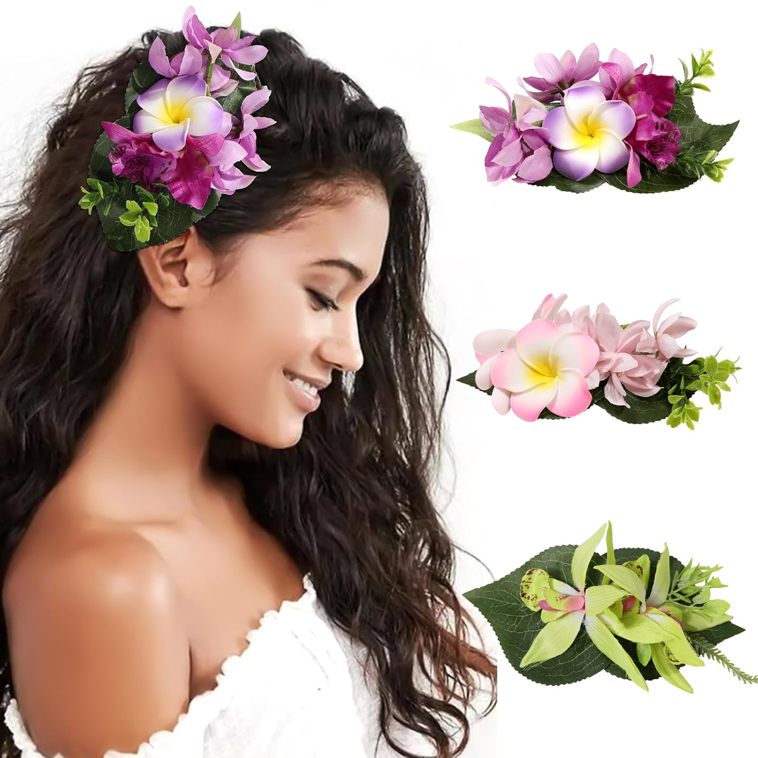 HAIMEIKANG 3 pinzas para el cabello de flores hawaianas, horquillas artificiales tropicales para el cabello, flores grandes para mujeres, accesorios