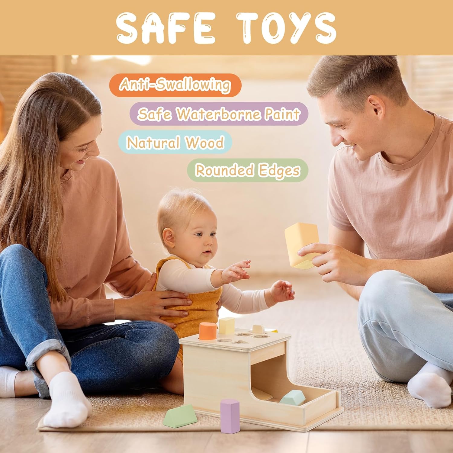 Busy edition Montessori Toys – Caja de permanencia con 6 bloques de madera, juguetes Montessori para bebés de 6 a 12 meses, juguetes de madera para