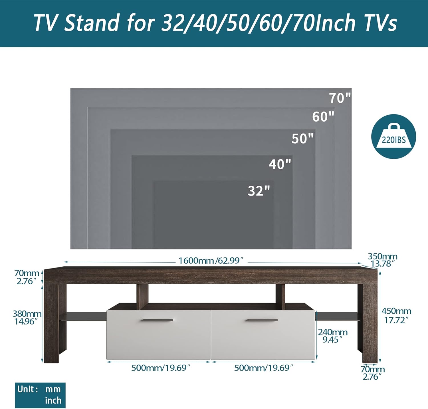 Koifuxii Soporte de TV moderno de mediados de siglo para TV de 40, 50, 55, 60, 65, 70 pulgadas, soporte de TV LED con gabinete de almacenamiento,