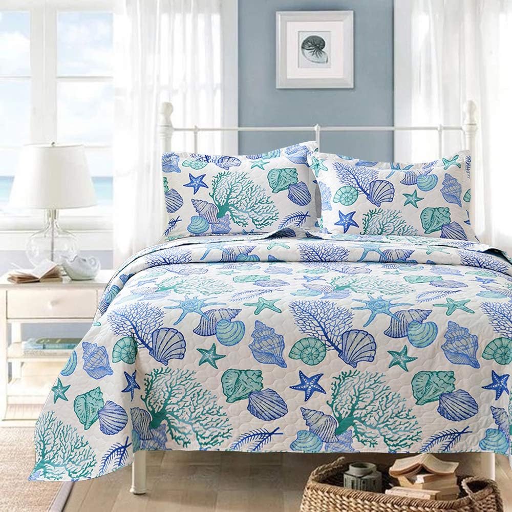 Ycosy Juego de edredón de playa costera de 3 piezas, tamaño matrimonialqueen, juego de ropa de cama con temática oceánica, color azul y verde,