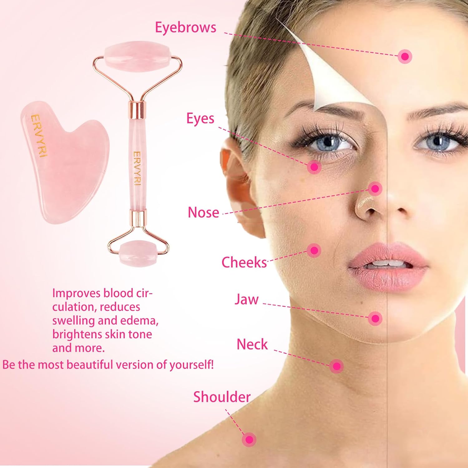 Juego de rodillo de jade y Gua Sha, rodillo facial de cuarzo rosa, herramientas faciales Gua Sha, masajeador facial para mujeres, alivia el estrés,