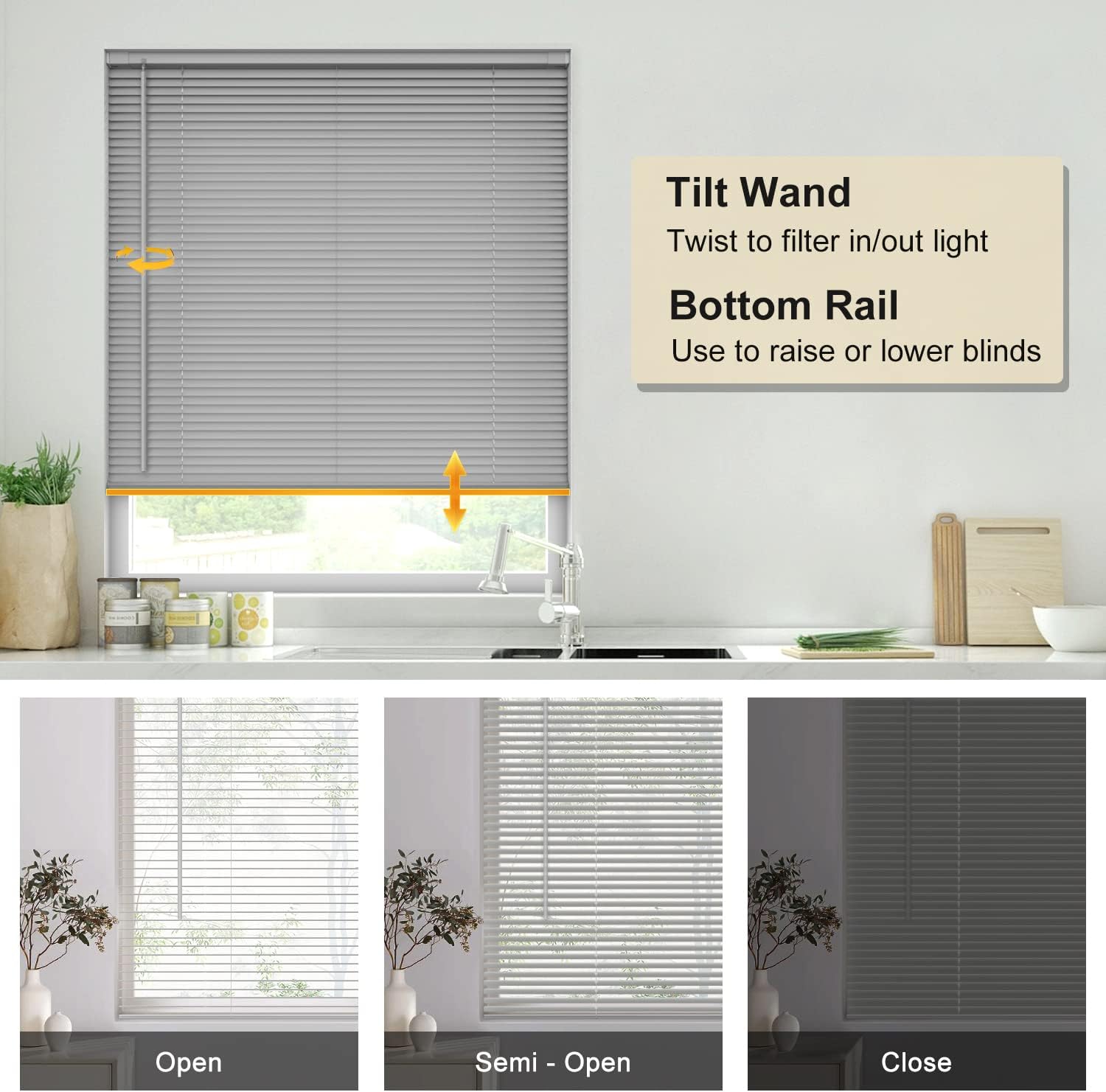 Mini persianas horizontales de vinilo sin cordón, sin herramientas, sin taladro, de 1 pulgada, persianas que filtran la luz para ventanas, persianas