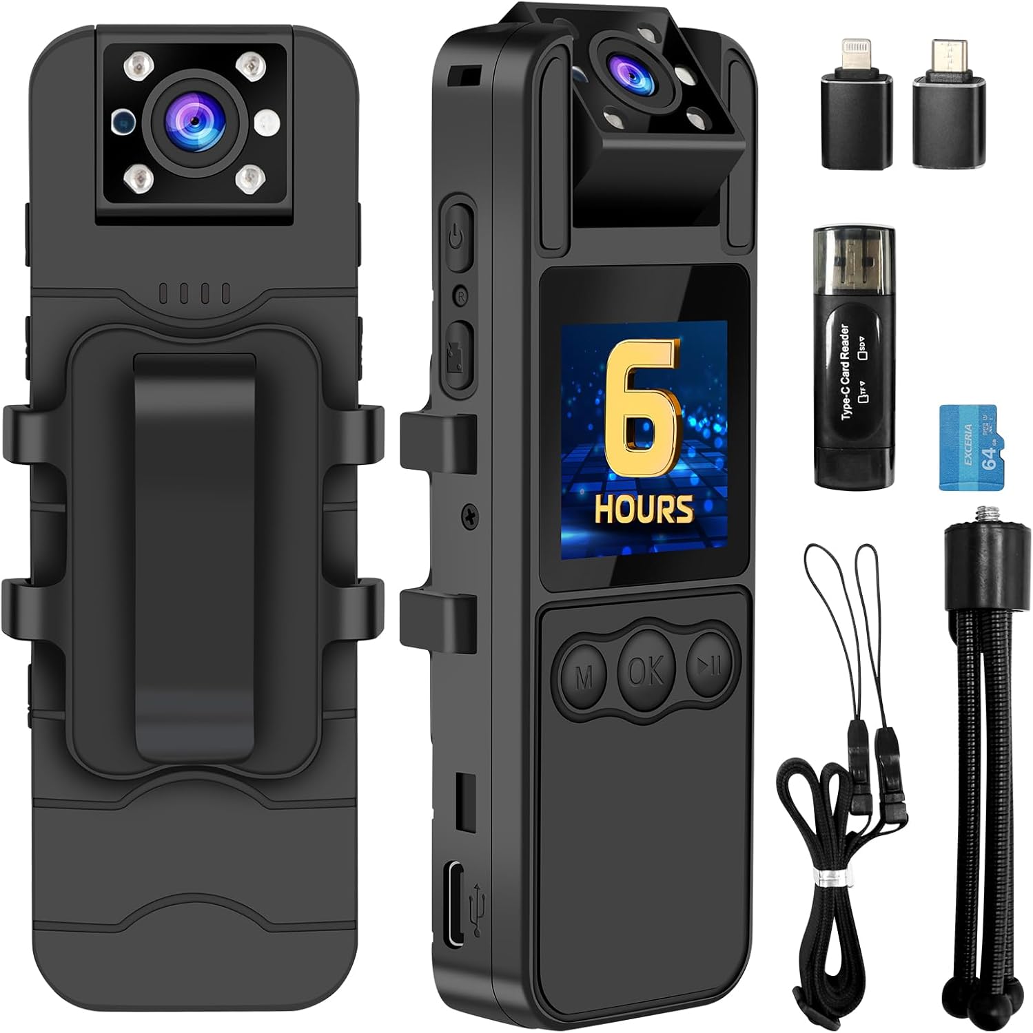 Sixmou Cámara corporal con grabación de audio y video, cámara corporal HD 1296P de 6 horas con lente giratoria de 180, visión nocturna, videocámara