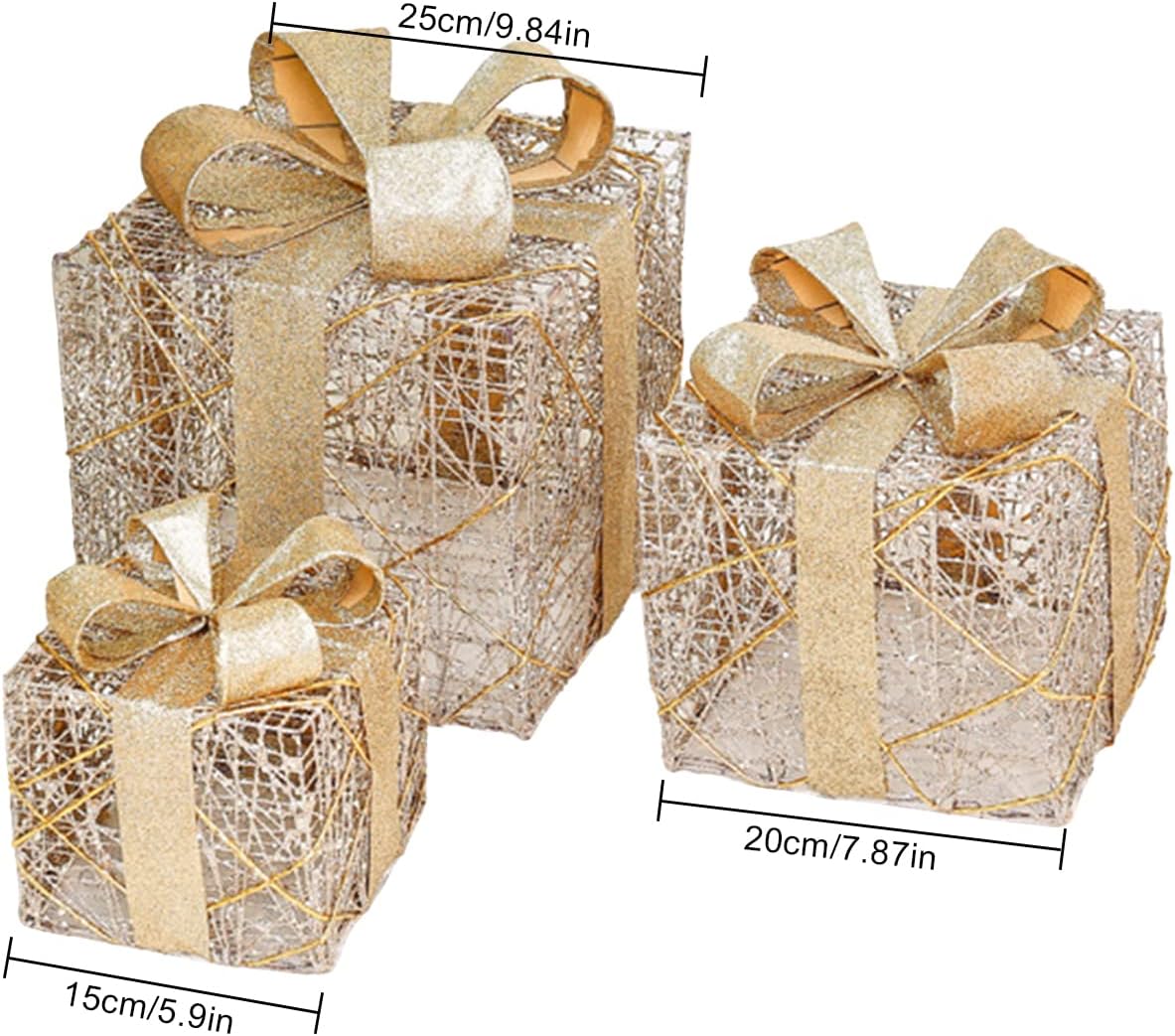 Juego de 3 cajas de regalo iluminadas de Navidad, cajas de regalo iluminadas de Navidad con lazo, cajas de regalo preiluminadas, cajas de Navidad