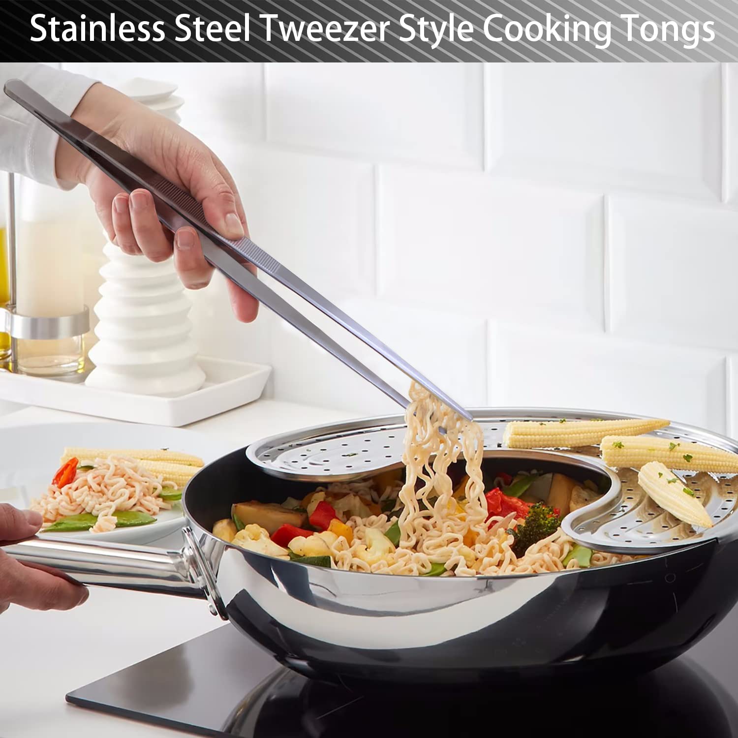 JETKONG 2 pinzas de cocina de acero inoxidable de 12 pulgadas, pinzas rectas para alimentos, pinzas de cocina profesionales para reparar y hacer
