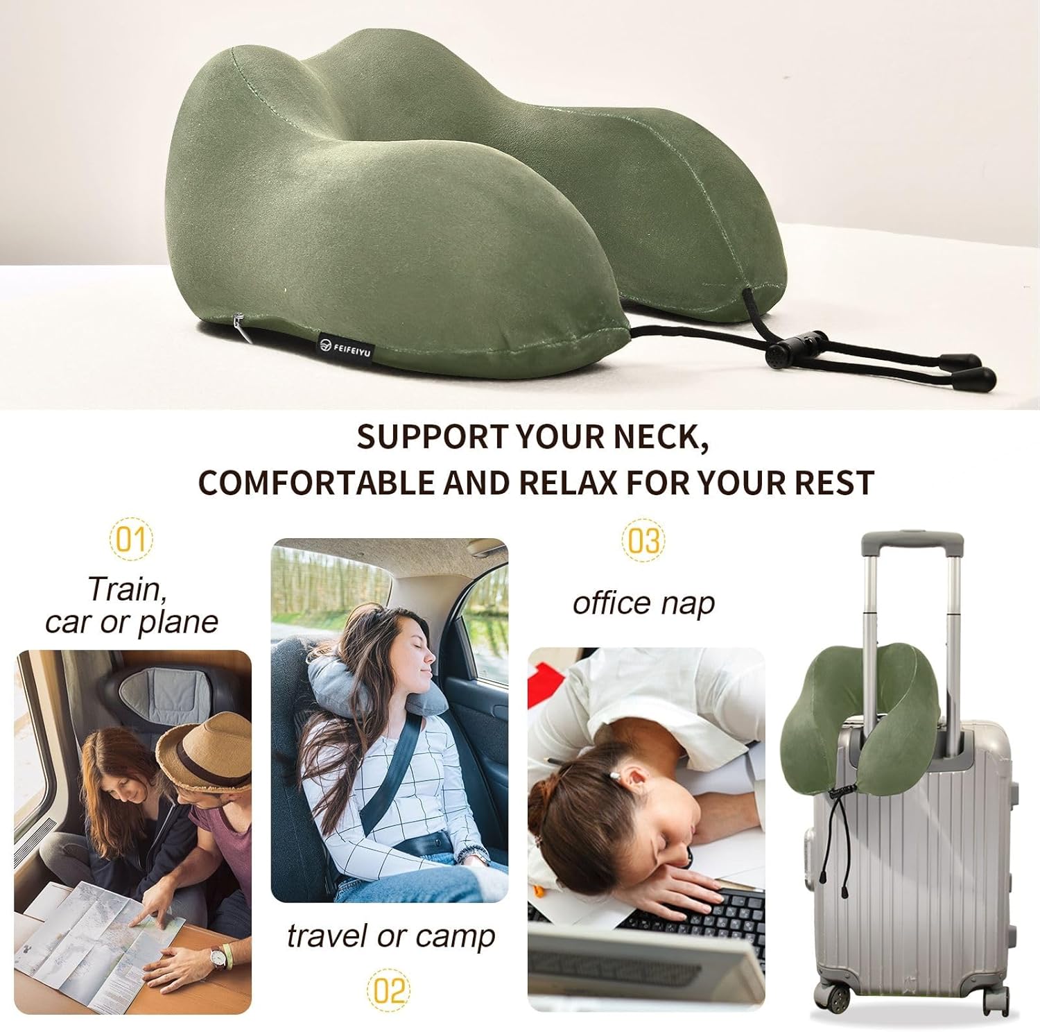 Almohada verde militar del cuello de la espuma de la memoria, con el bolso del almacenamiento del cordón, almohada para el avión