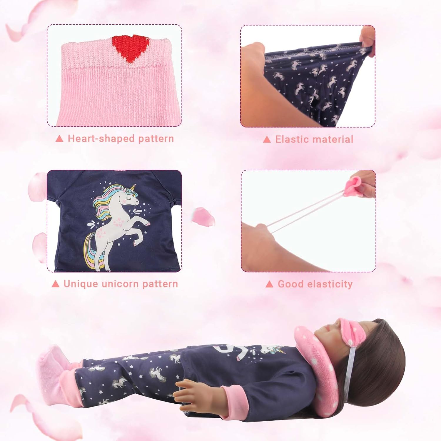 MSYO Conjunto de pijama de muñeca de 18 pulgadas, conjunto de ropa de dormir con temática de unicornio que incluye parte superior de pijama,