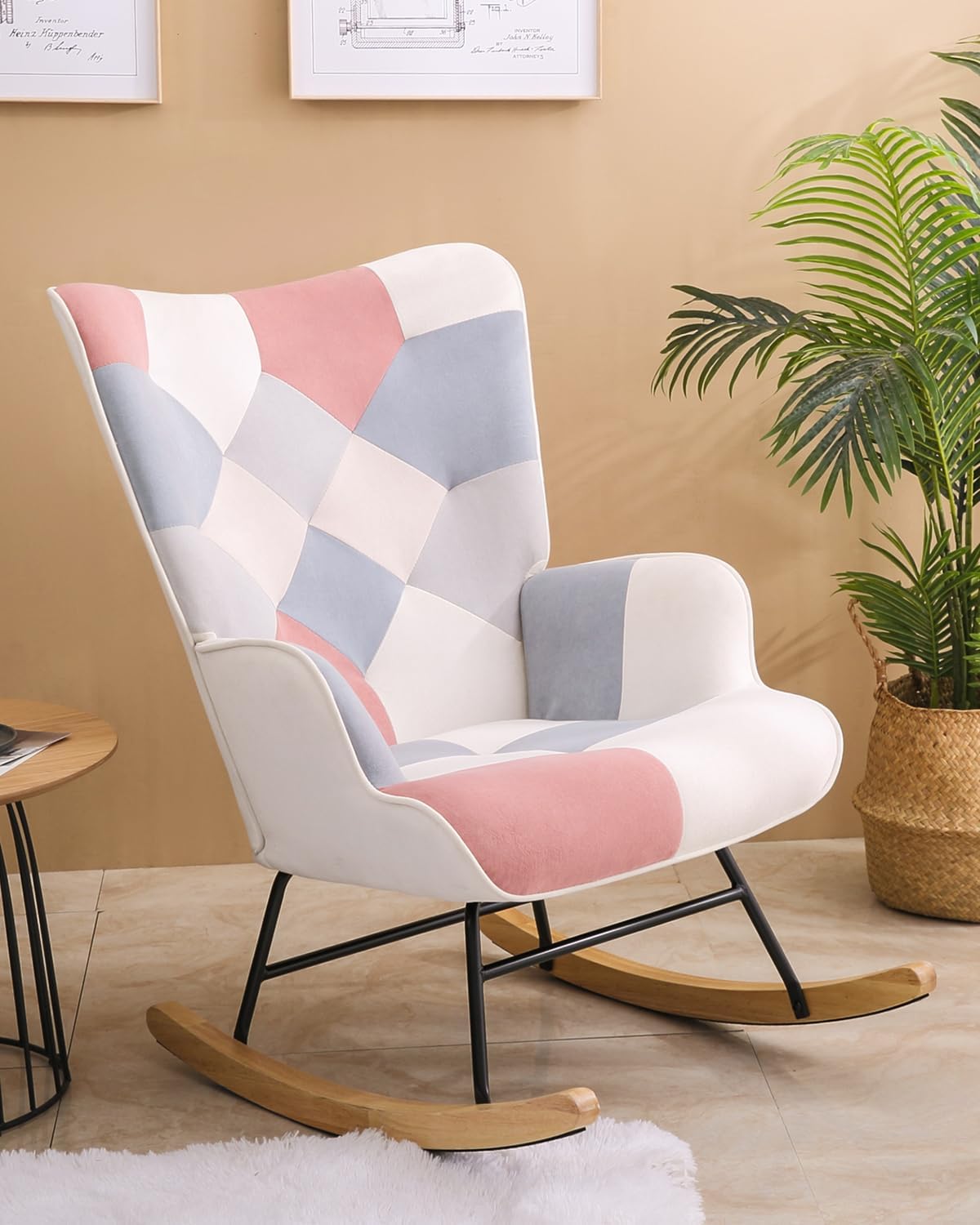 LifeSky – Silla mecedora cómoda y moderna, sillas deslizantes de tela de lino con retazos, silla mecedora para dormitorio, sala de estar, color rosa