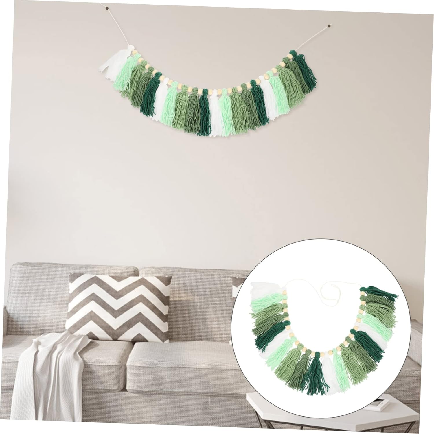 Tapiz de hilo de algodón con cuentas de madera, hilo de macramé, decoración para colgar en la pared, decoración de cuentas de madera, guirnaldas de