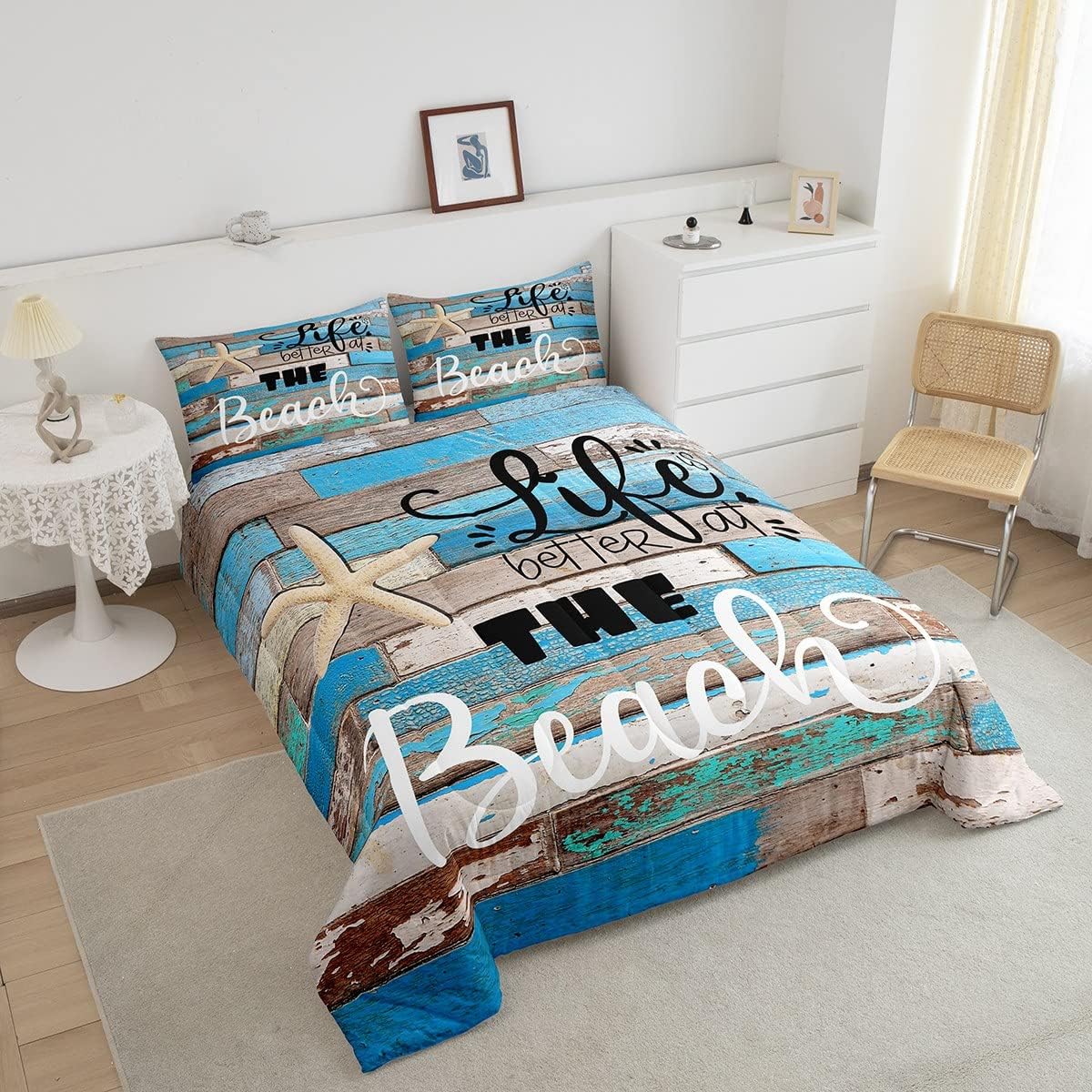 Juego de edredón con temática oceánica, tamaño individual, juego de ropa de cama rústica azul de madera para mujeres, hombres, niños y niñas,