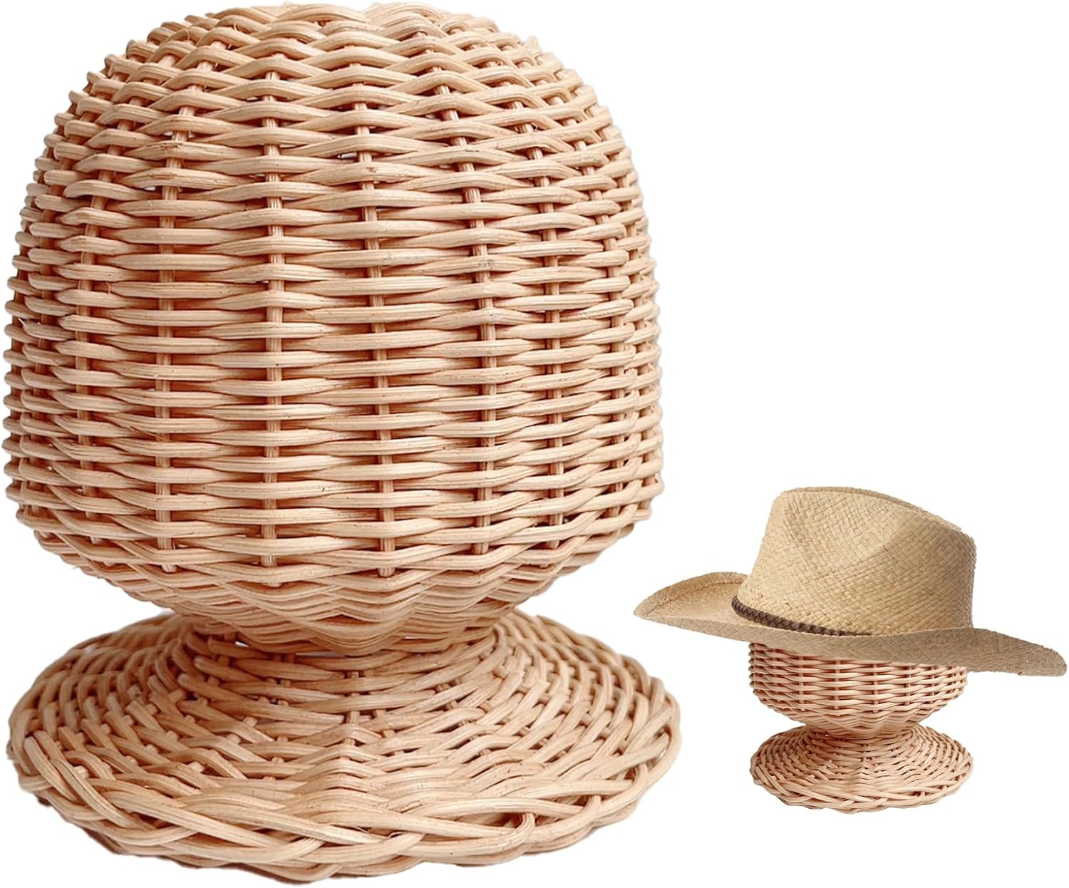 CHADWICK Soporte para cabeza de maniquí de ratán, soporte para sombreros y pelucas, escaparate de mimbre hecho a mano, estante para gorra rústica,