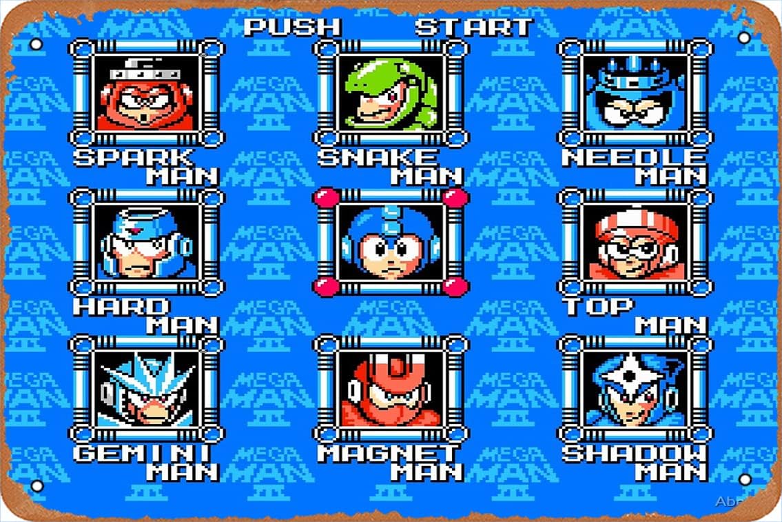 Classic Megaman 3 etapas selectas lienzo impresión metal estaño cartel vintage 8×12 pulgadas