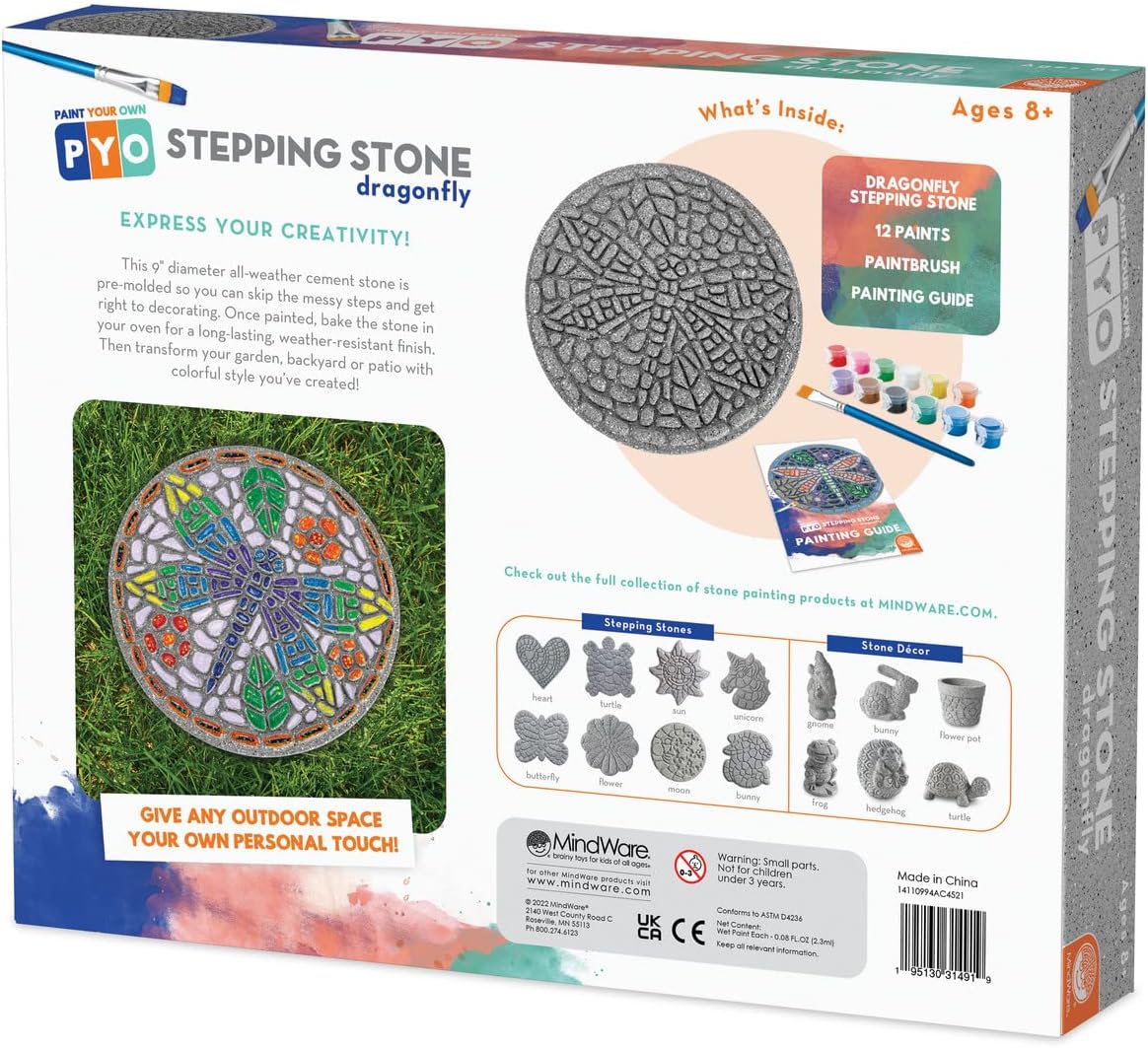 MindWare Pinta tu propia piedra escalonada libélula – Pinta tus propias piedras de paso para niños. El kit de manualidades incluye pintura, pinceles