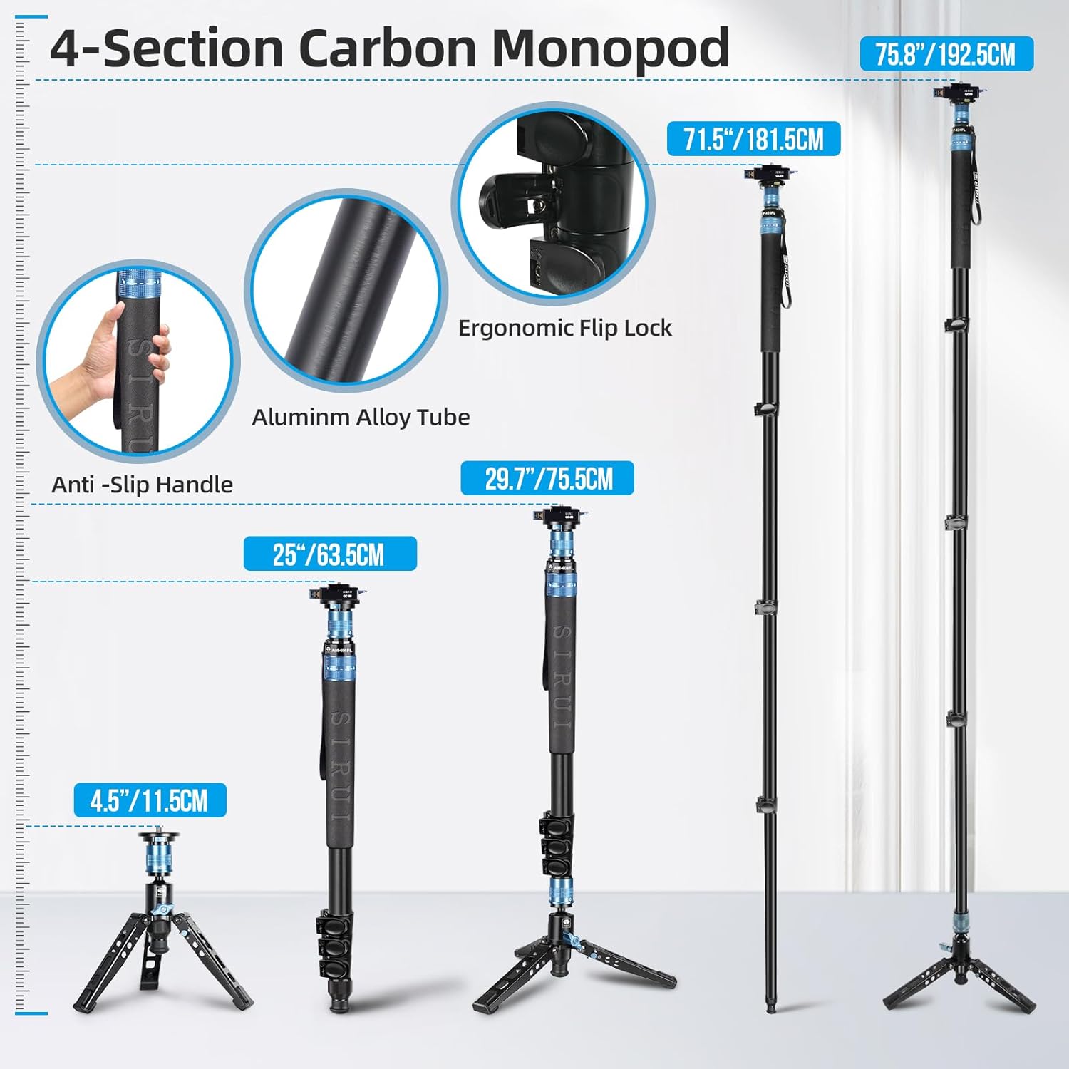 SIRUI Monopod de 74.8 in con pies, kit de placa de liberación rápida, monopie de cámara de aluminio, innovador diseño de liberación rápida, panorama
