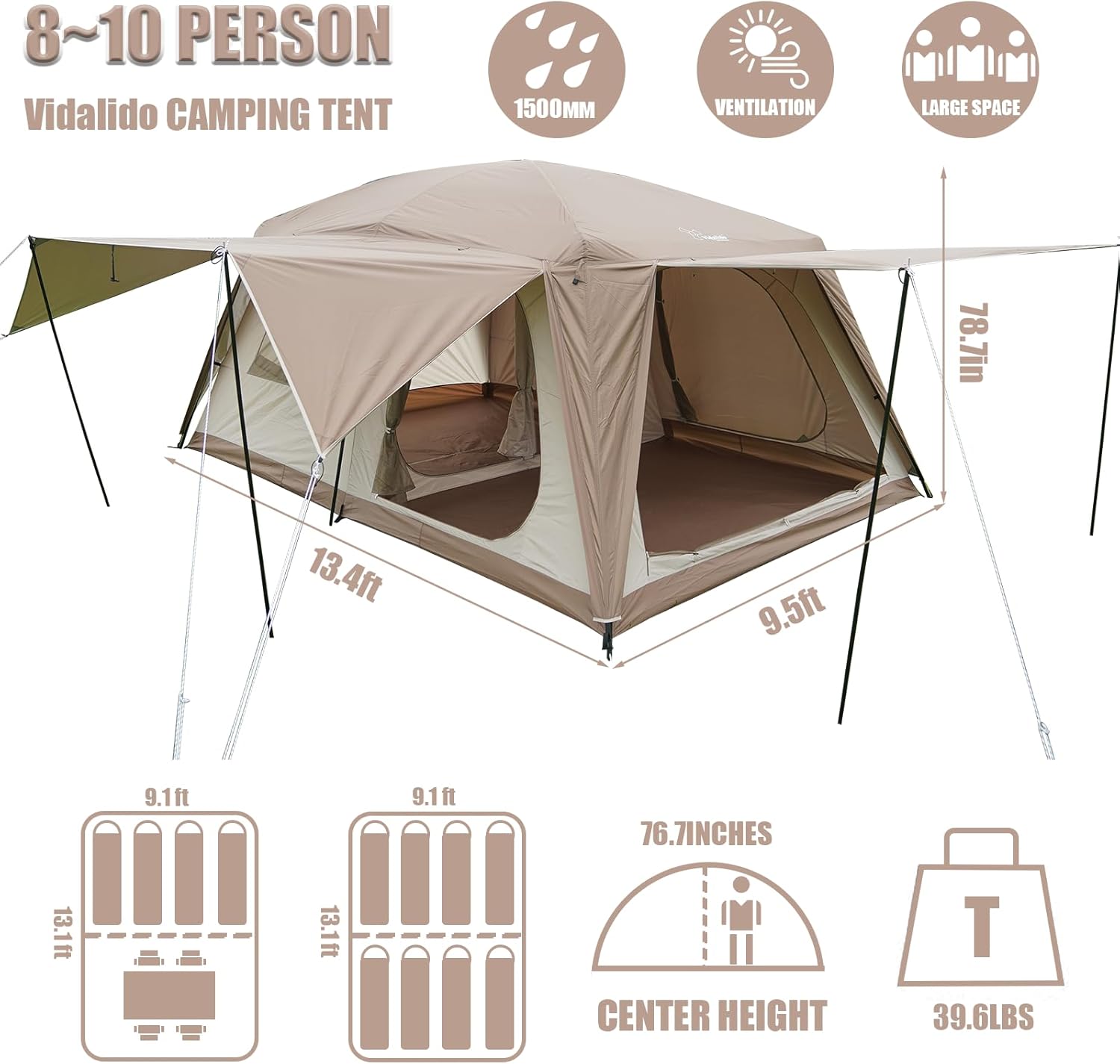 Vidalido Tienda de campaña para 8 a 10 personas con 3 puertas y 2 habitaciones, tienda de campaña familiar grande, de doble capa, impermeable,