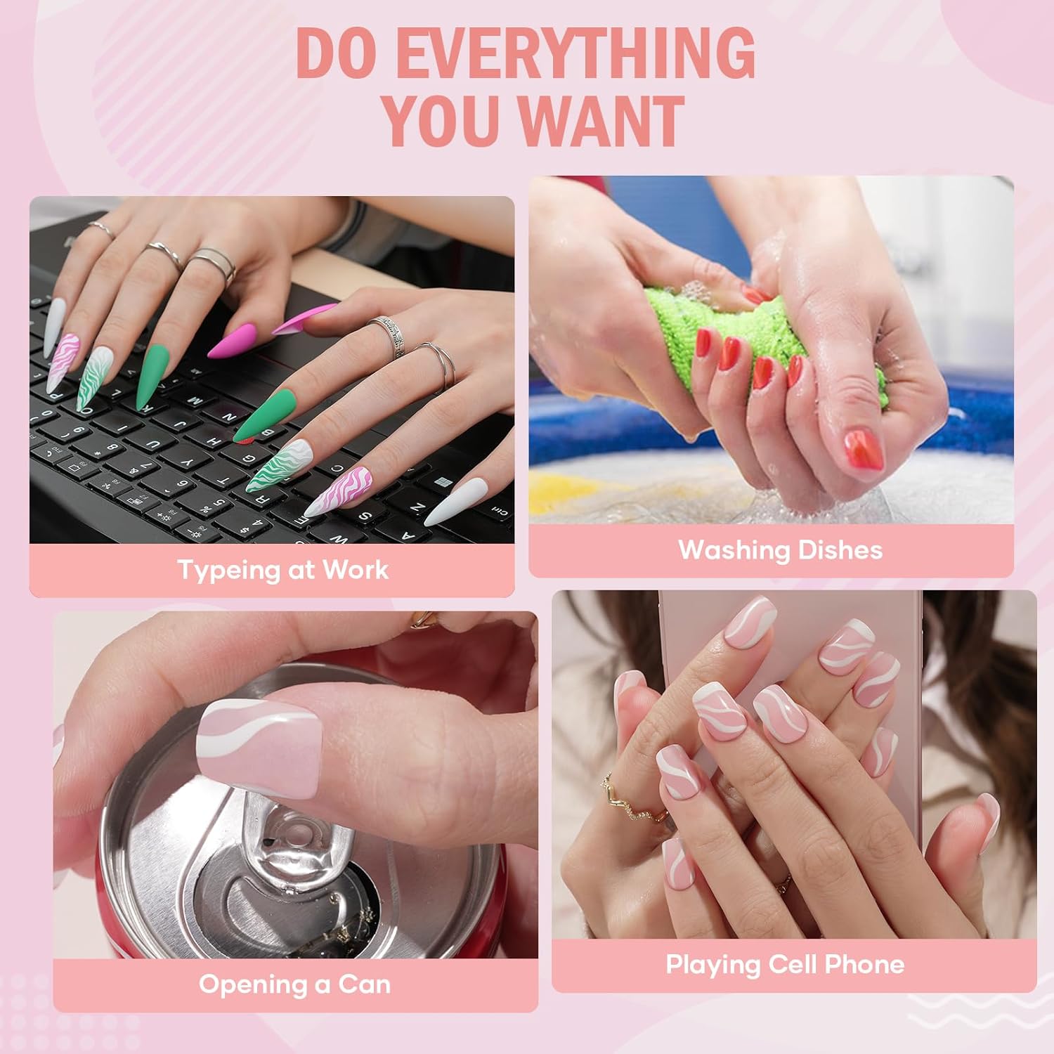 Uñas postizas cortas a presión de San Valentín, con diseños de remolinos rosados y blancos, uñas postizas acrílicas reutilizables con pegamento,