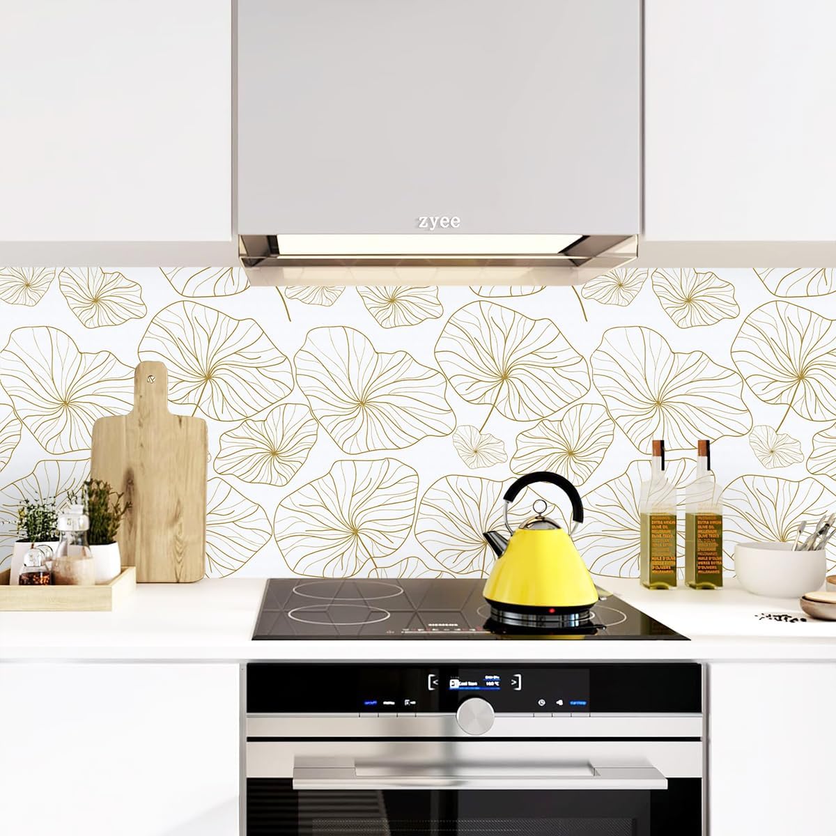 Papel tapiz dorado y blanco para despegar y pegar, papel de contacto floral bohemio, hoja de loto, extraíble, papel tapiz autoadhesivo para cocina,