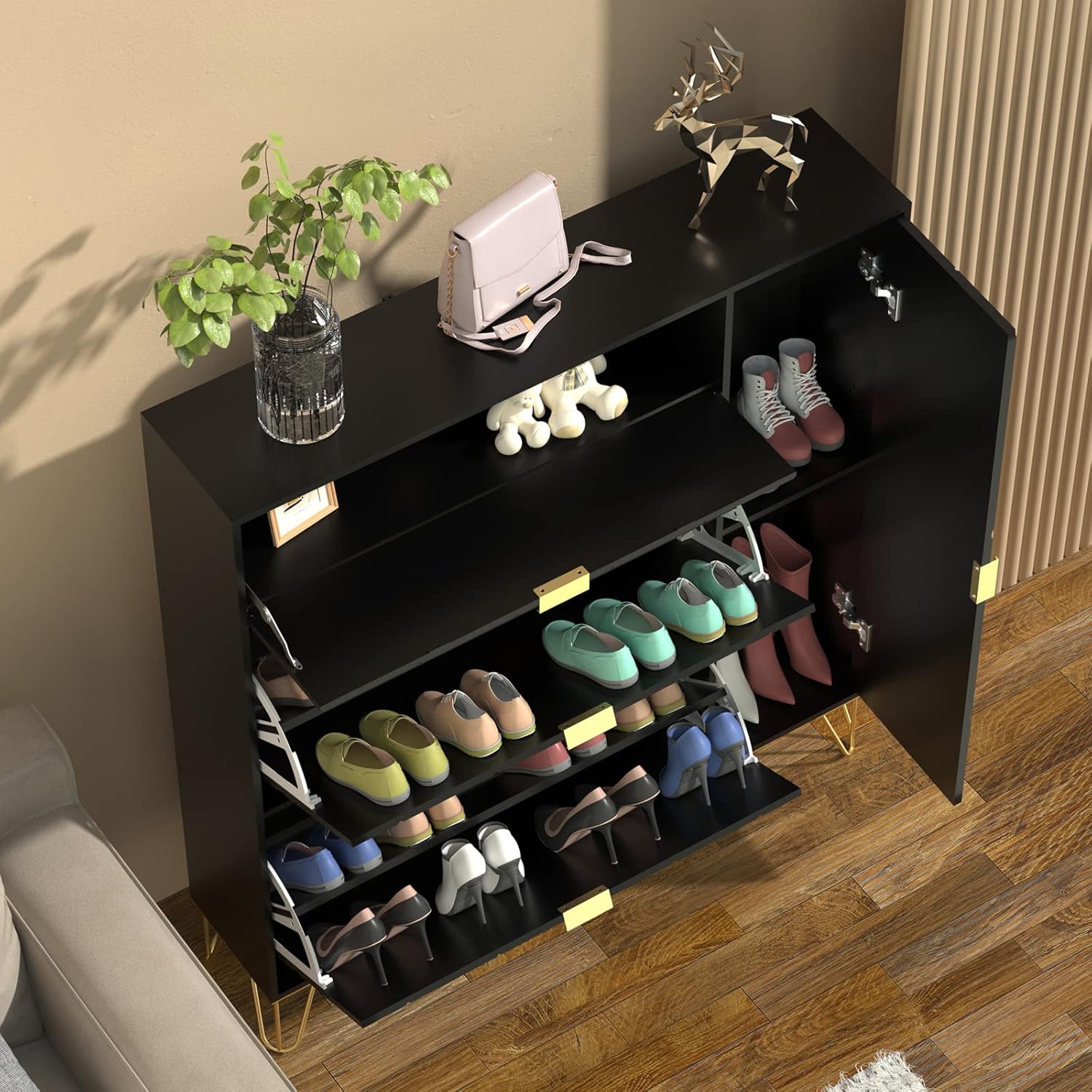 Anbuy Armario para zapatos, armario de almacenamiento de zapatos con 3 cajones abatibles y estantes de almacenamiento, armario estrecho para