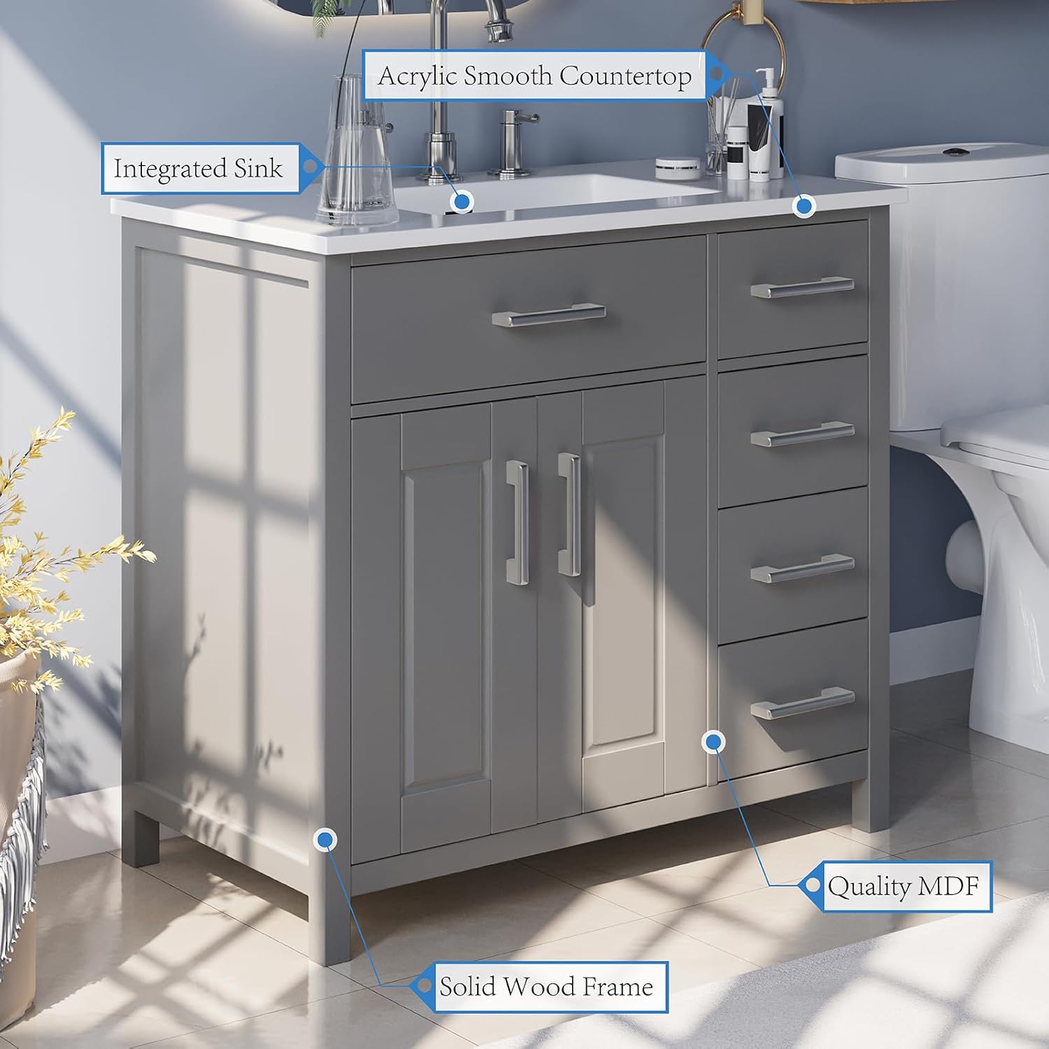 Combinación de tocador de baño de 36 pulgadas con lavabo, moderno juego de gabinete de baño individual pequeño con montaje inferior, incluye