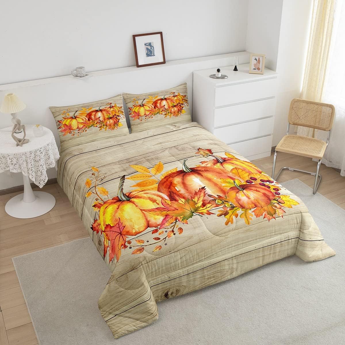 Juego de edredón de cosecha de otoño con diseño de hojas de granja y calabaza, juego de ropa de cama rústica con puerta de granero, diseño de arce