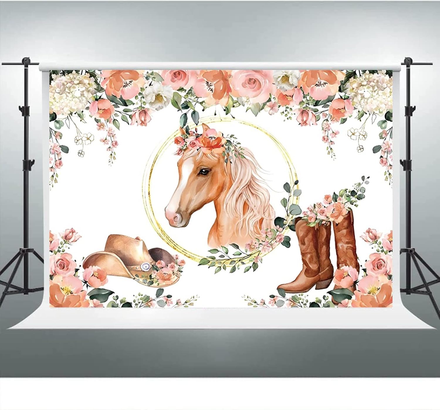 Fondo de cumpleaños para fiesta de caballo de vaquera de 7 x 5 pies, suministros de decoración de fiesta de baby shower, anillo dorado, hoja de