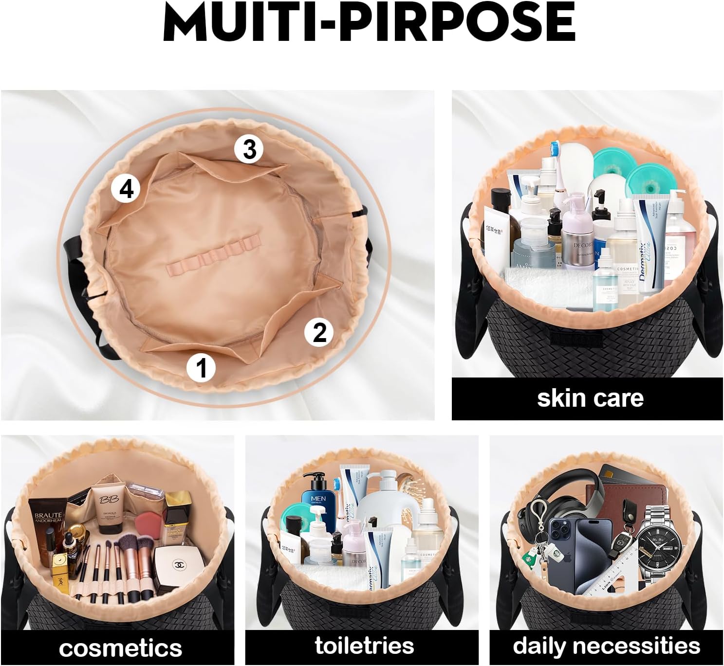 Organizador de maquillaje grande con cordón, bolsa de maquillaje de barril para cosméticos, bolsa de aseo para viajes, bolsas de maquillaje