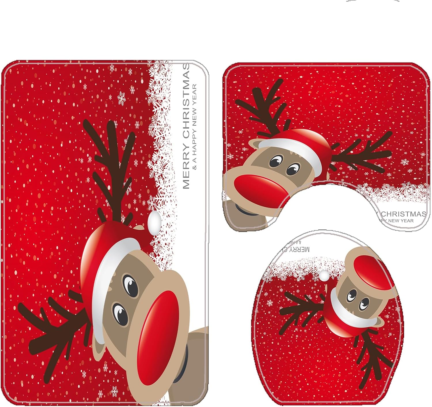 HYHWPH Juego de cortinas de ducha de Navidad, 4 piezas con cortina de ducha, alfombra de tapa de inodoro, tapete de contorno y tapete de baño,