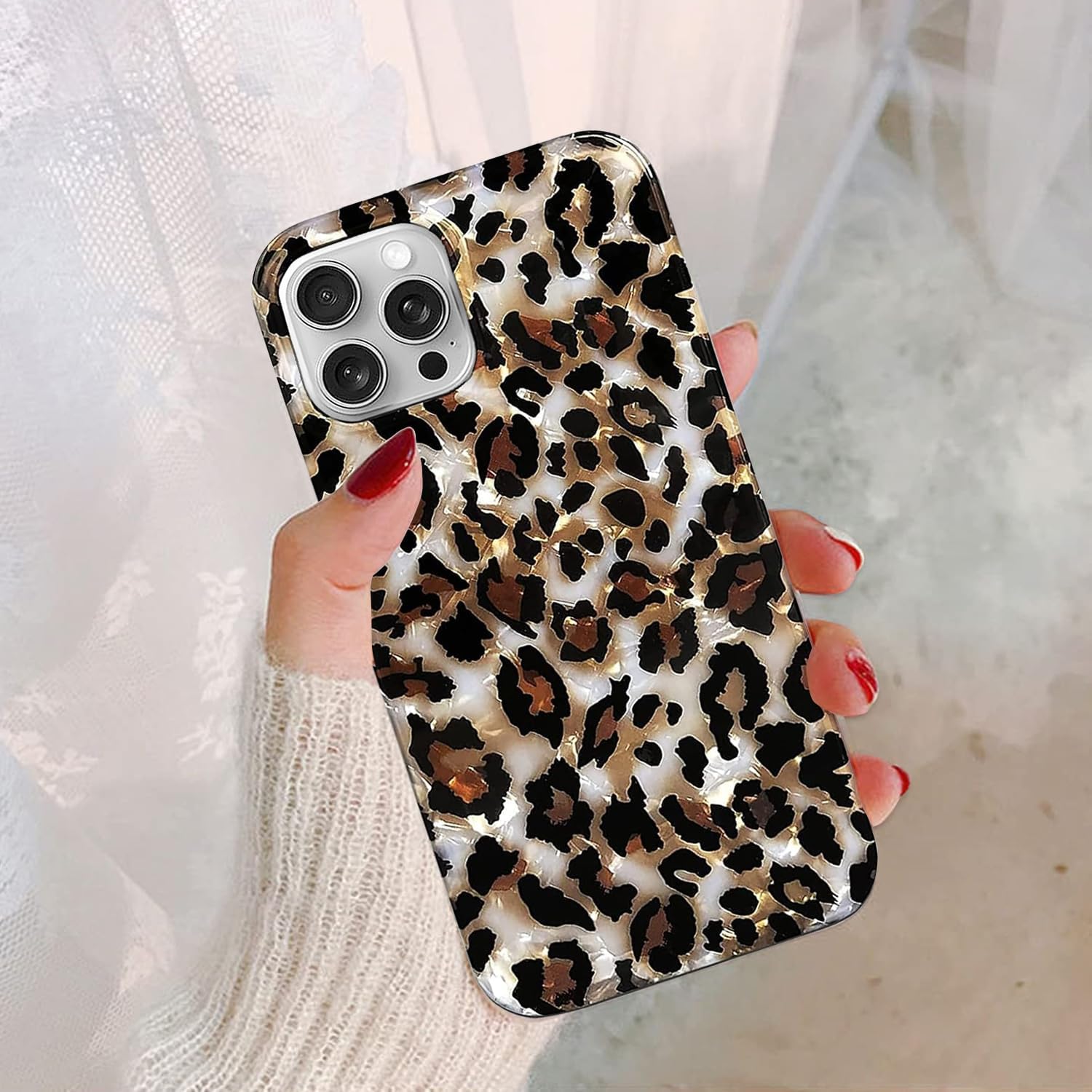 J.west Funda compatible con iPhone 15 Pro Max 6.7, lujosa funda translúcida translúcida con estampado de leopardo y guepardo, diseño nacarado,