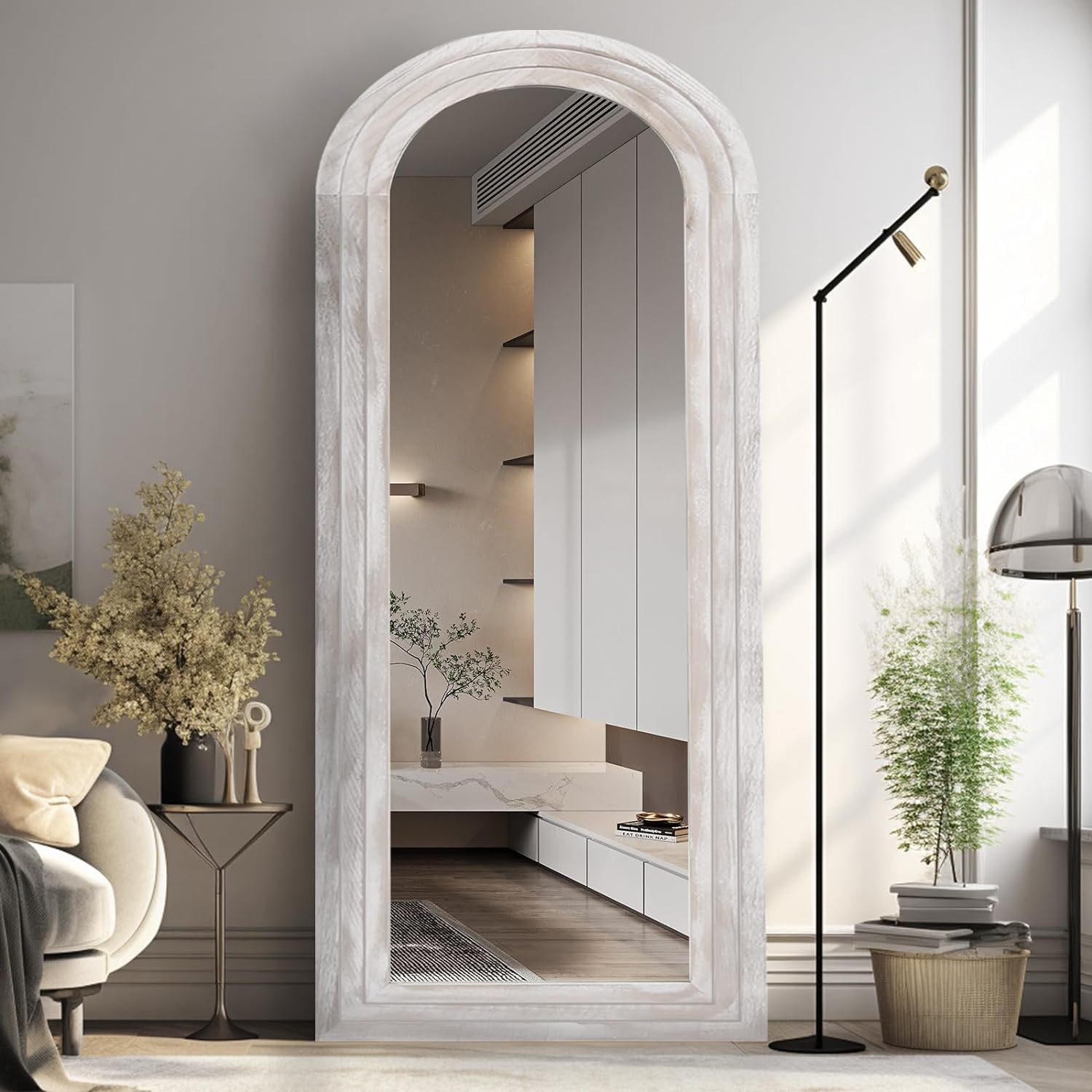 ZHUNFA Espejo arqueado de longitud completa con marco de madera maciza, espejo de pared de granja de 65 x 22 pulgadas, con soporte, para colgar