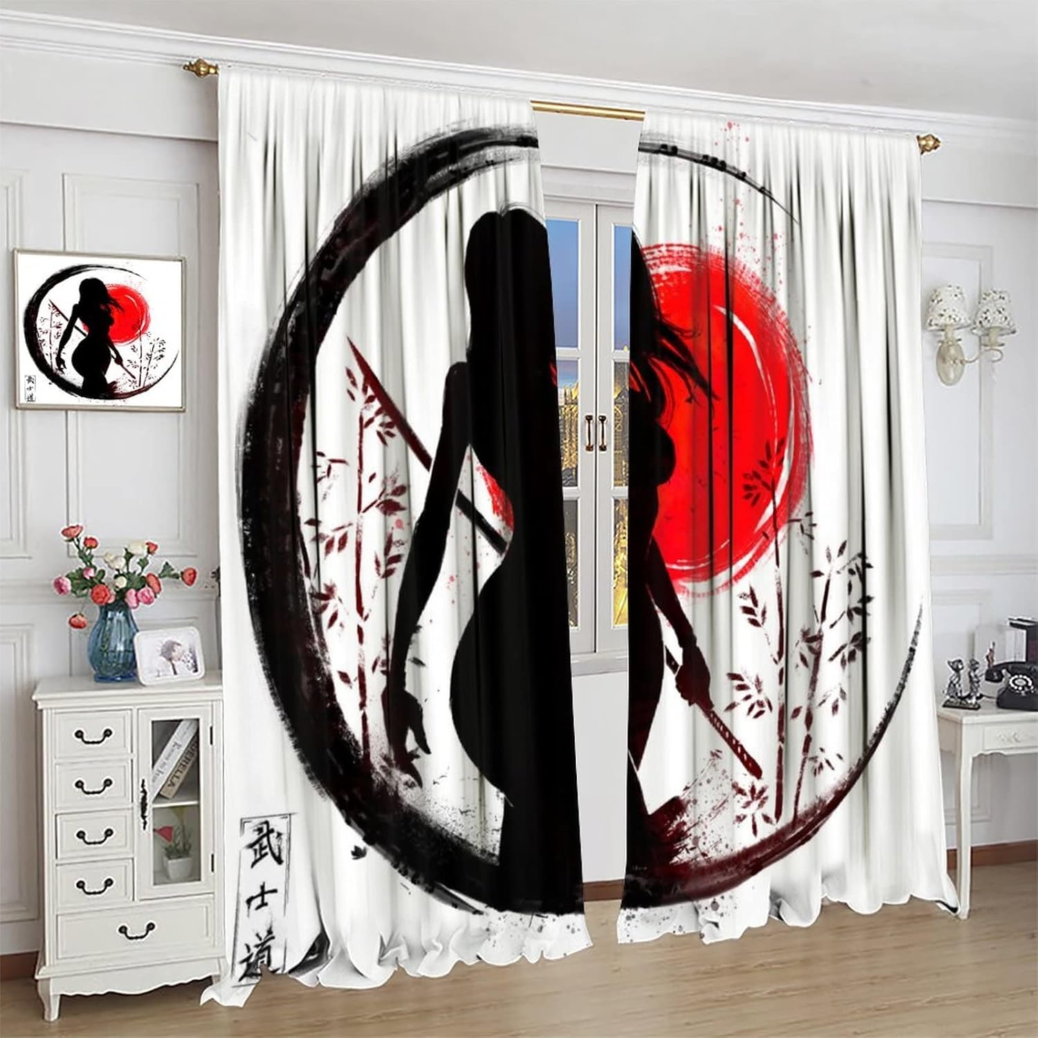 Cortina japonesa de anime samurái femenino Janpan Warrior pintura de tinta para niños y hombres, decoración de habitación, con bolsillo para barra,
