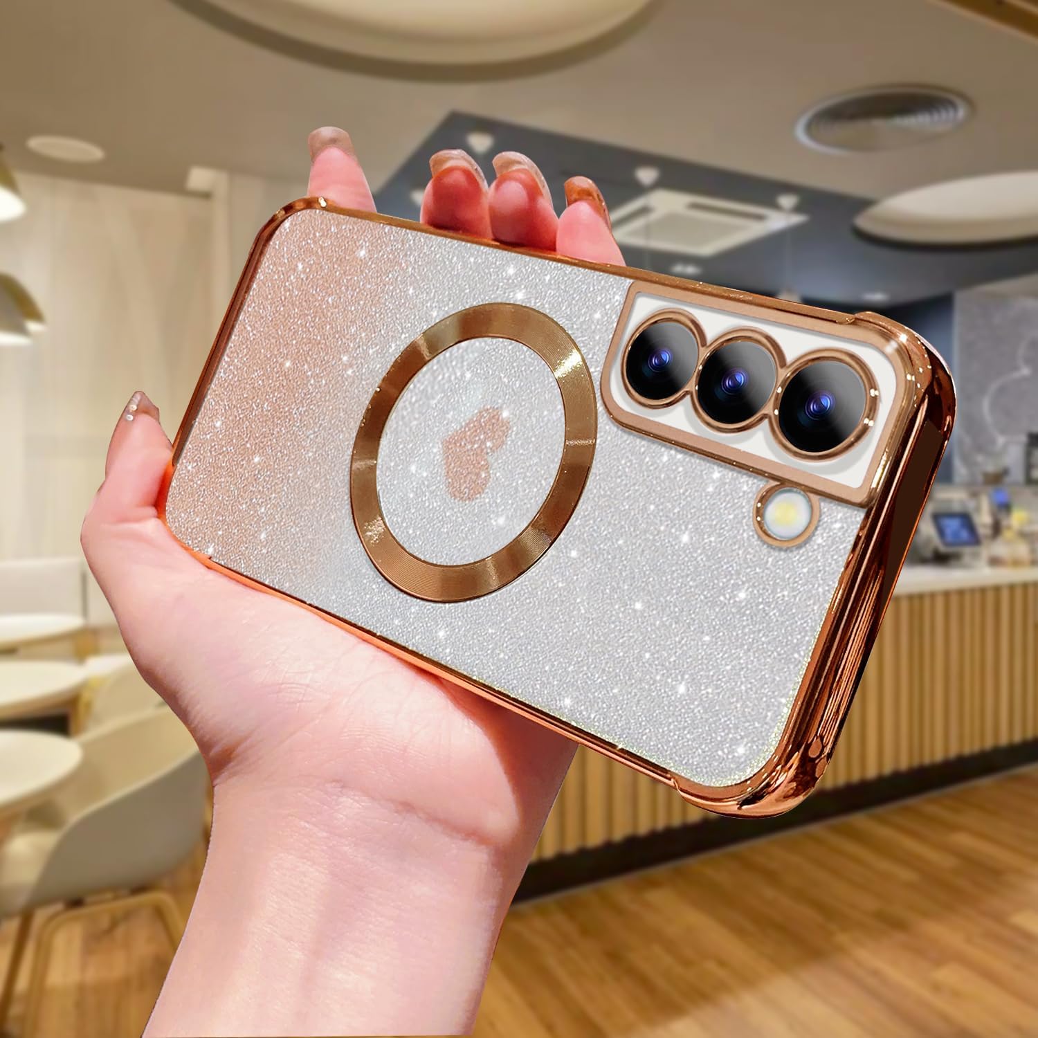 Funda magnética para Samsung Galaxy S22, para mujeres y niñas, chapado de lujo suave, brillante, brillante, brillante, lindo corazón, compatible con
