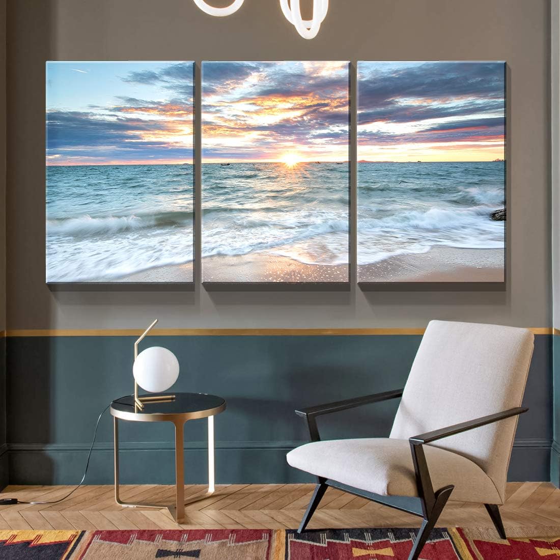 Denozer – Lienzo decorativo de 3 paneles para decoración del hogar, mar azul, puesta de sol y playa, pintura blanca, impresión sobre lienzo, paisaje